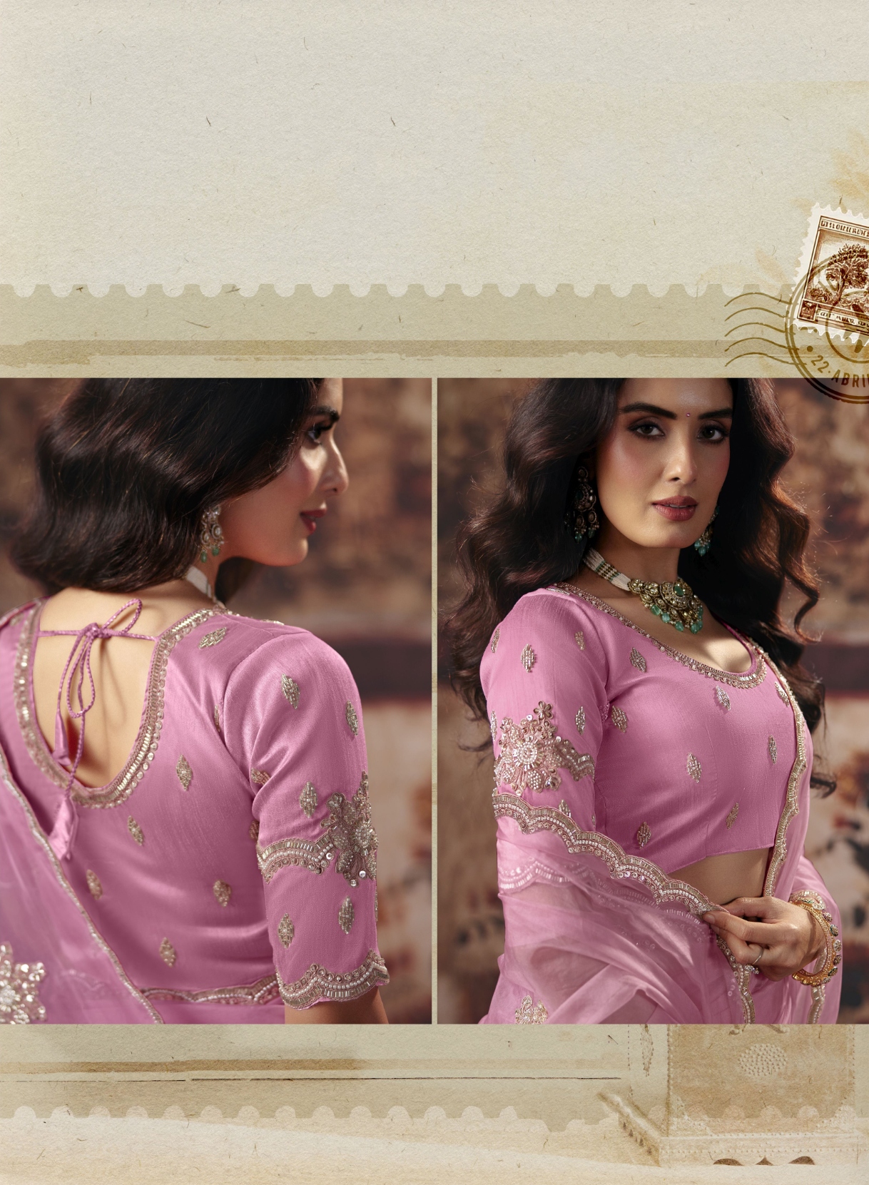 Pink Floral Bead Work Organza Saree — alternate view