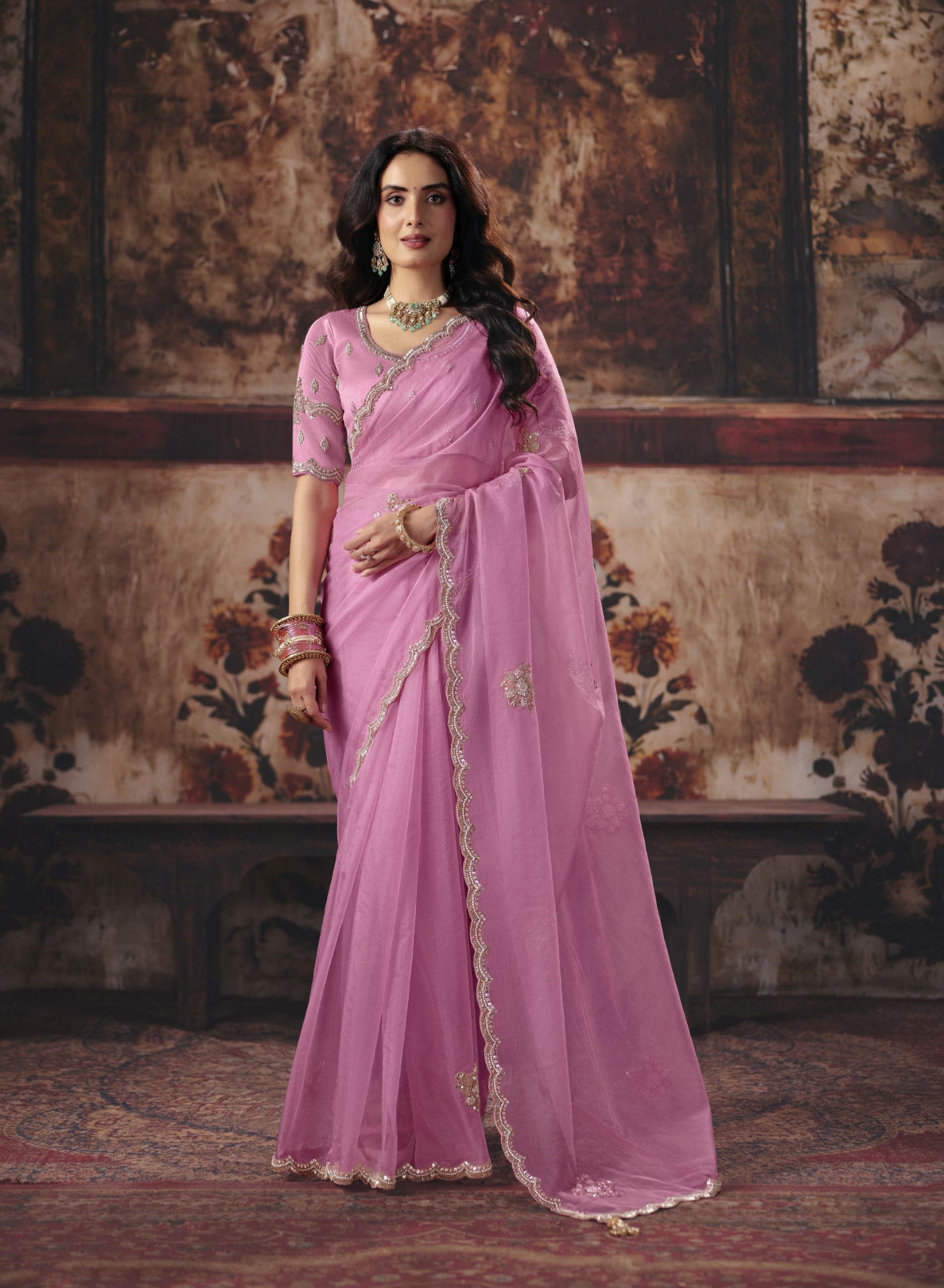 Pink Floral Bead Work Organza Saree