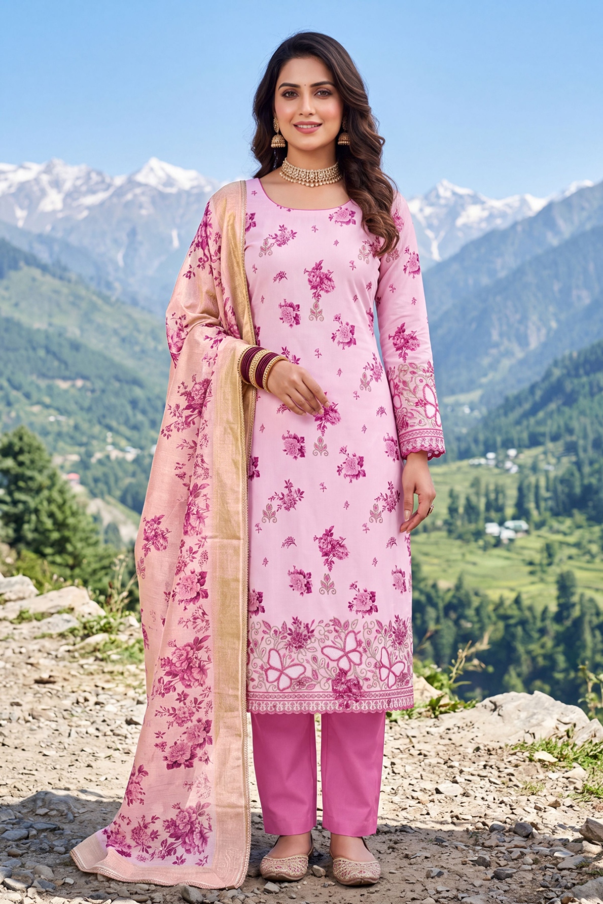 Pink Floral Bits Work Jam Cotton Straight Suit