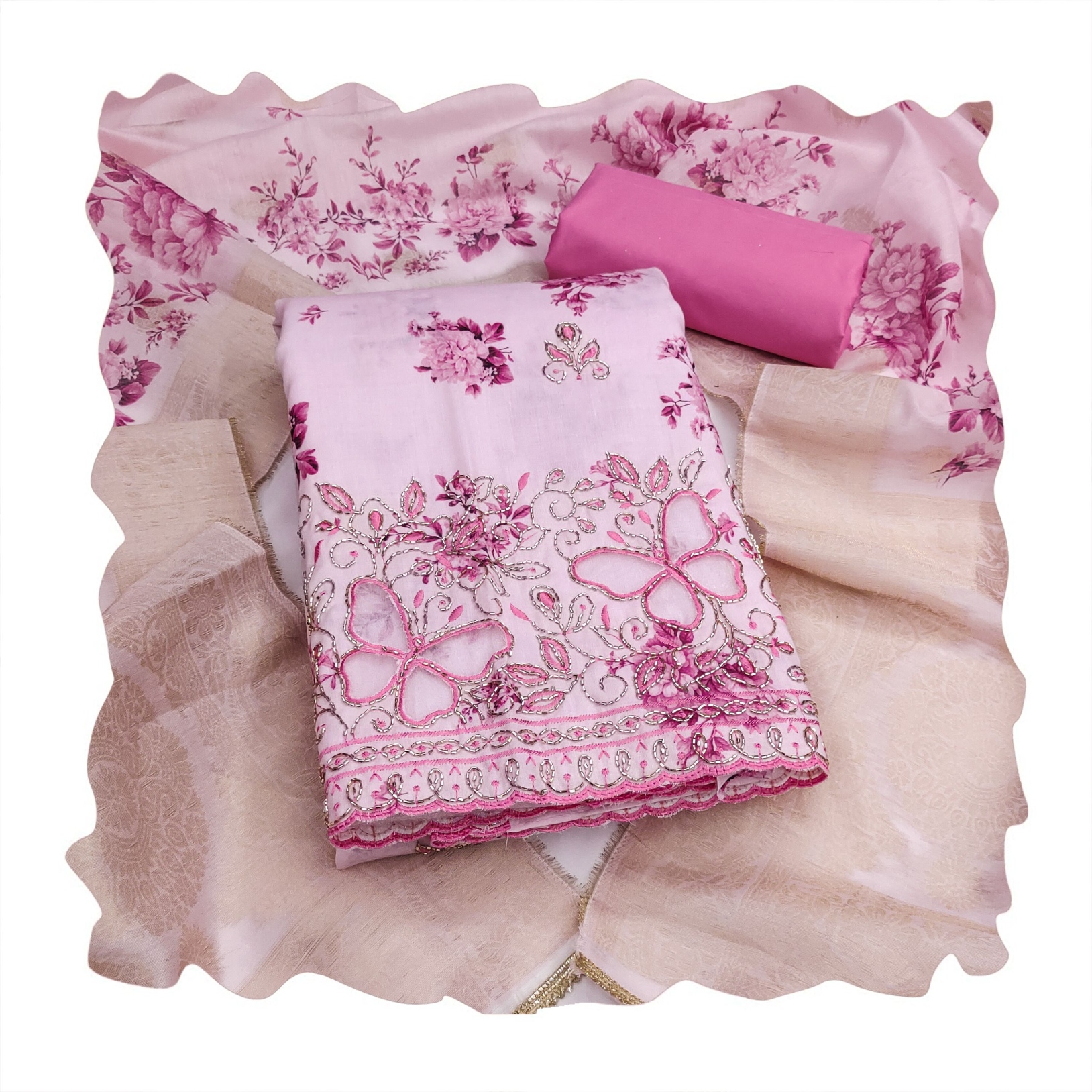 Pink Floral Bits Work Jam Cotton Straight Suit — alternate view
