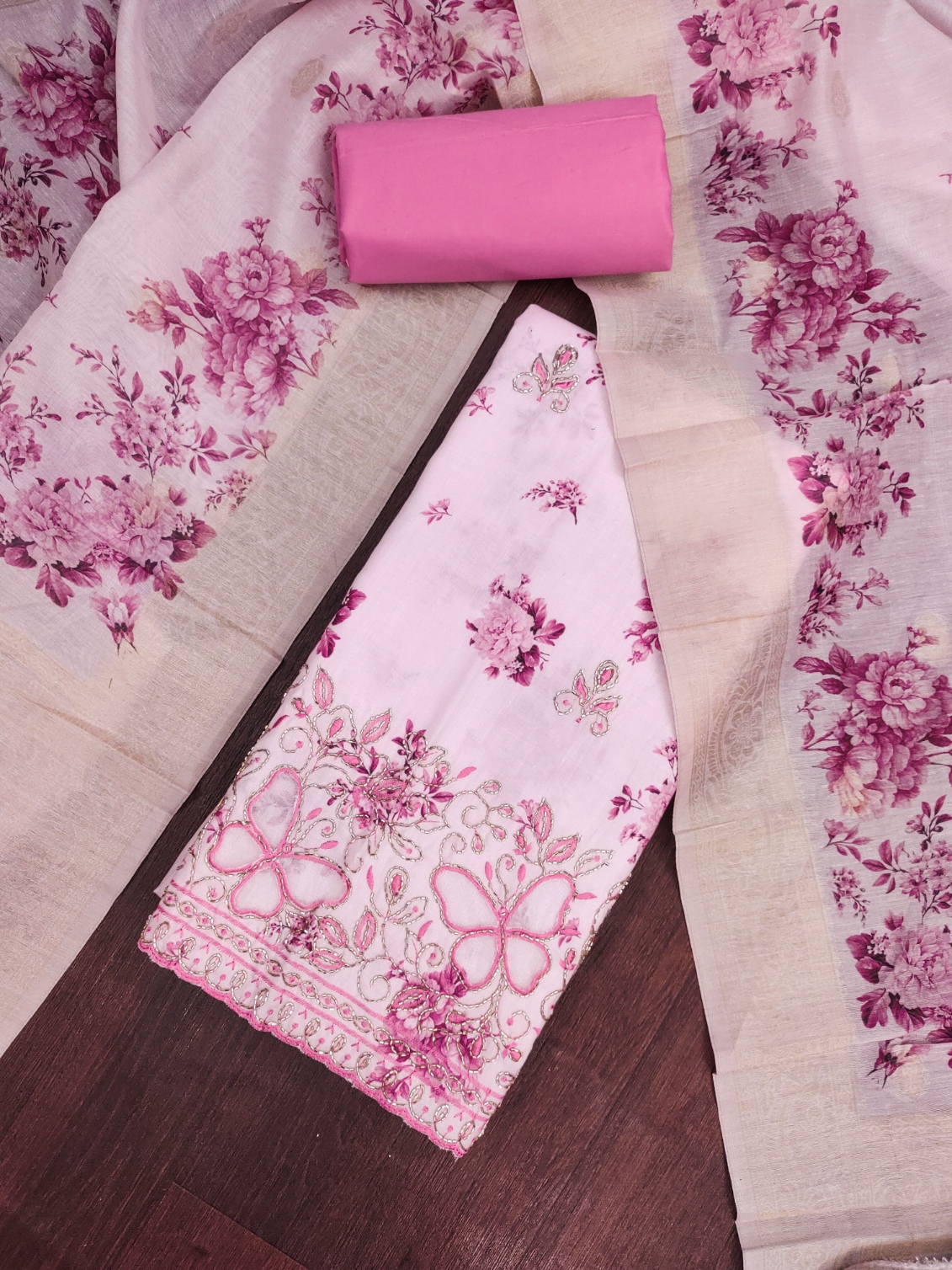 Pink Floral Bits Work Jam Cotton Straight Suit