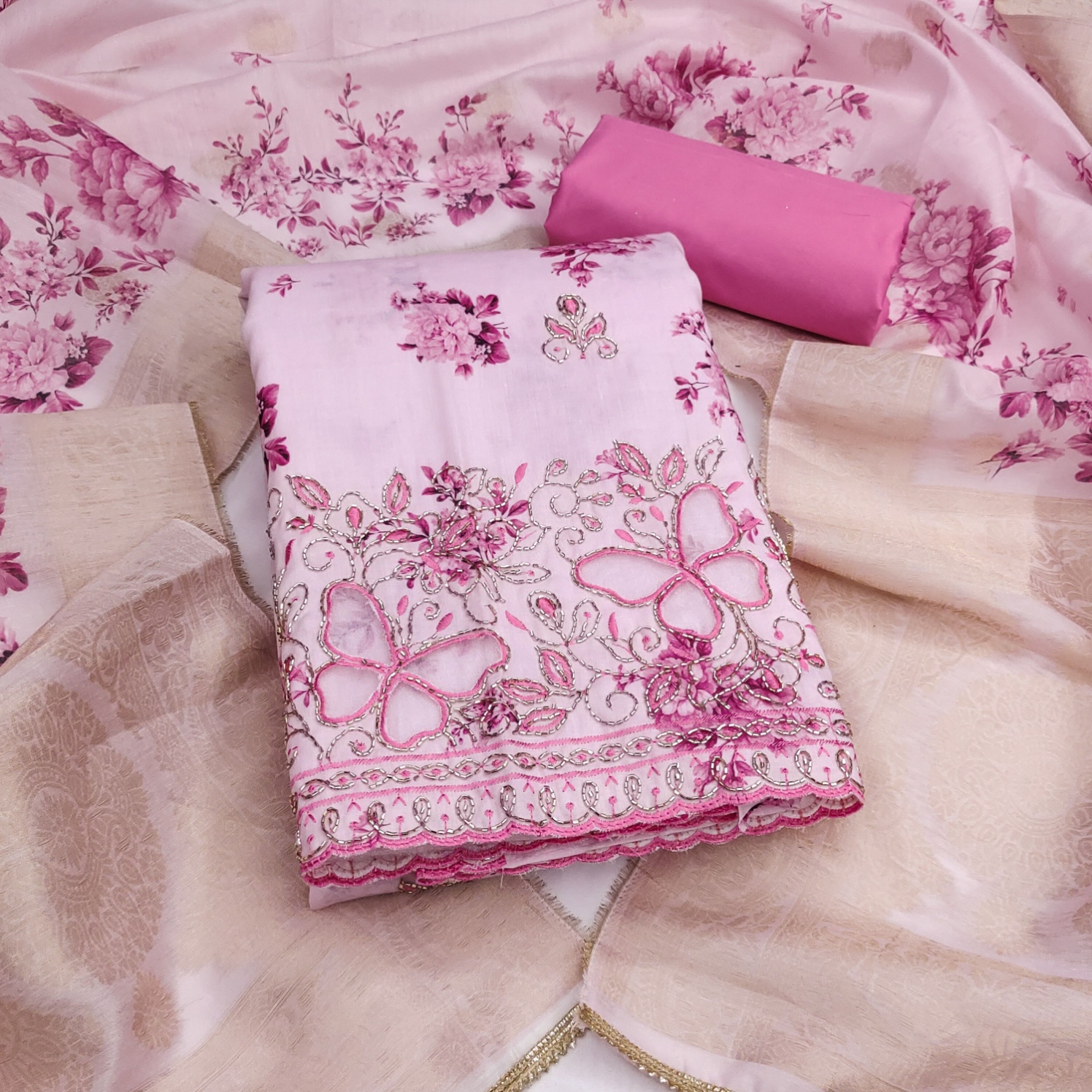 Pink Floral Bits Work Jam Cotton Straight Suit