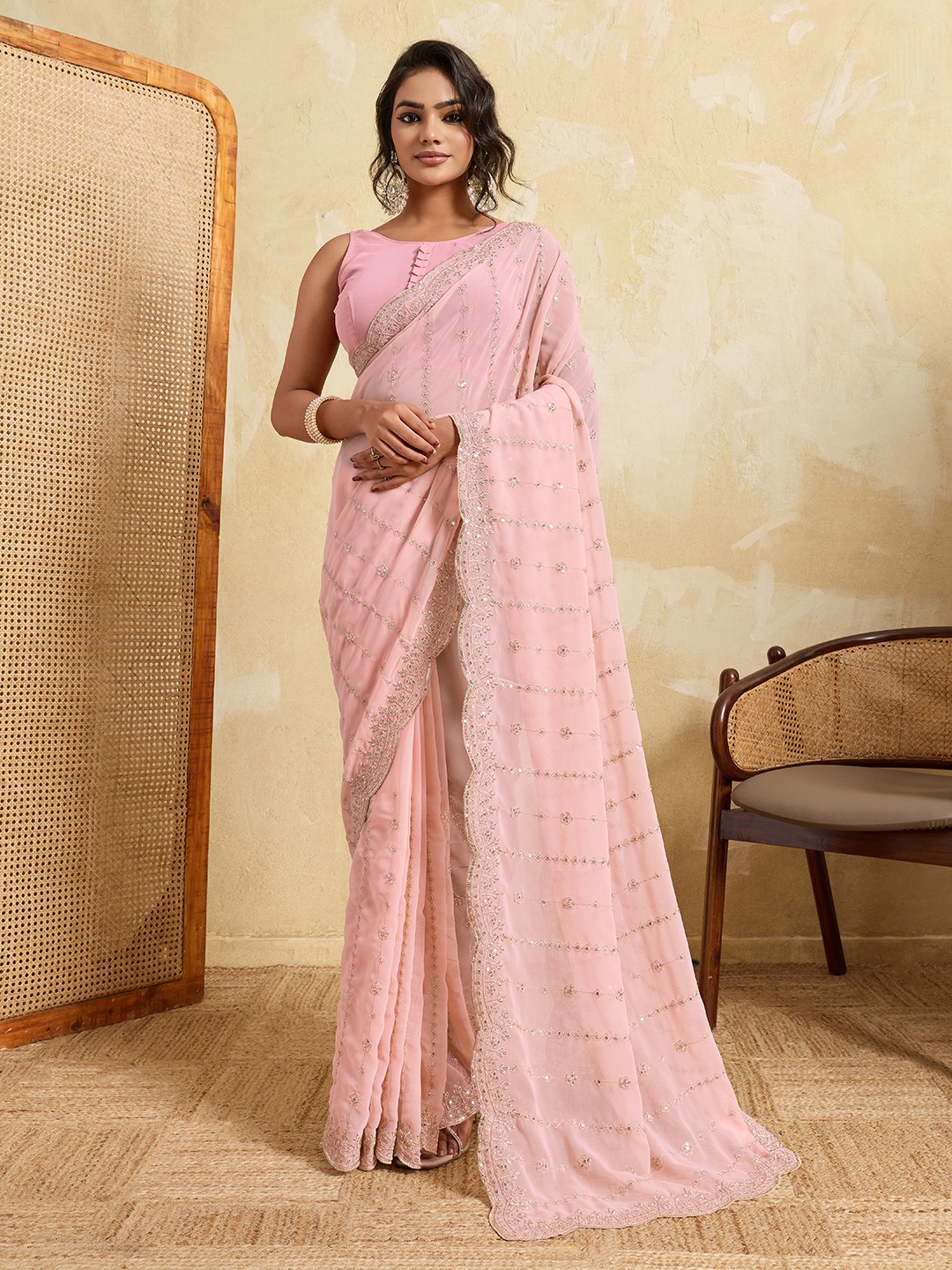 Pink Floral Border Georgette Designer Saree
