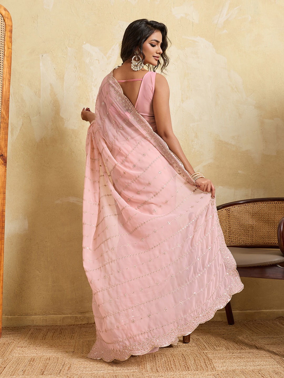 Pink Floral Border Georgette Designer Saree — alternate view