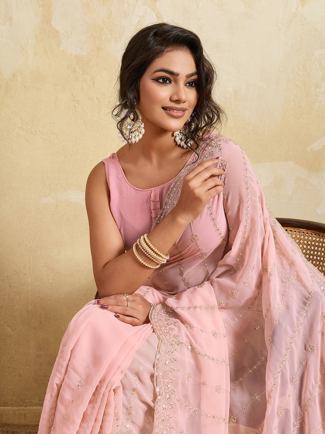 Pink Floral Border Georgette Designer Saree