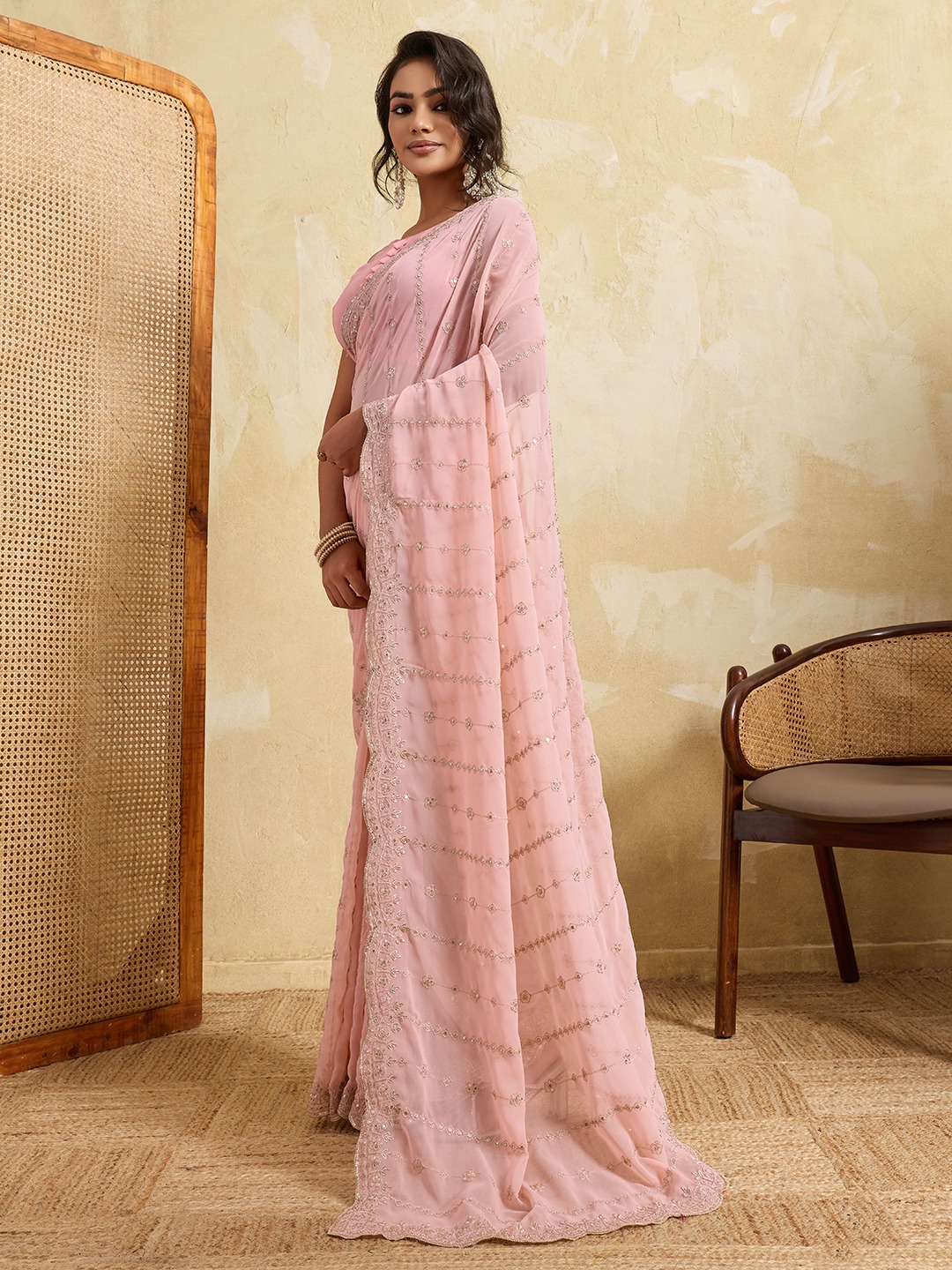 Pink Floral Border Georgette Designer Saree