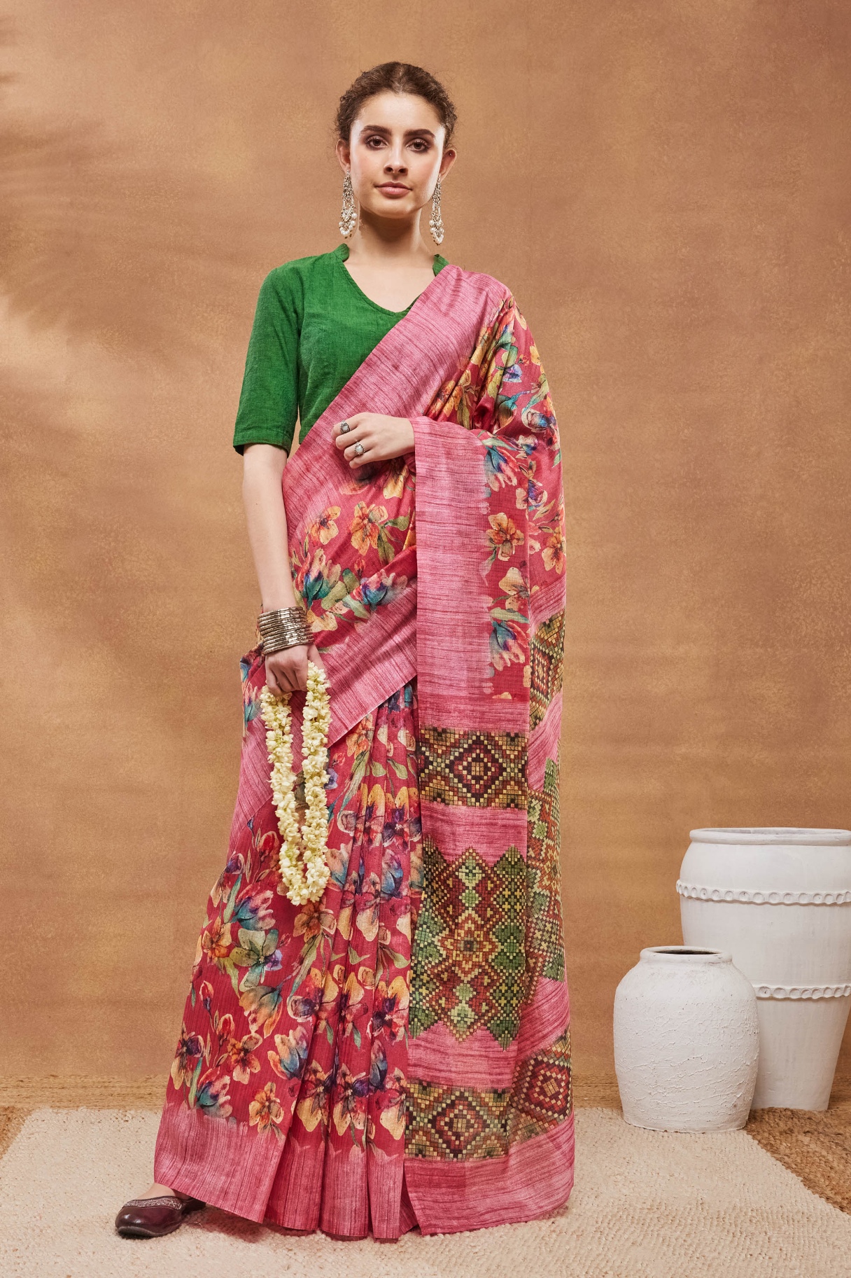 Pink Floral Border Silk Blend Saree