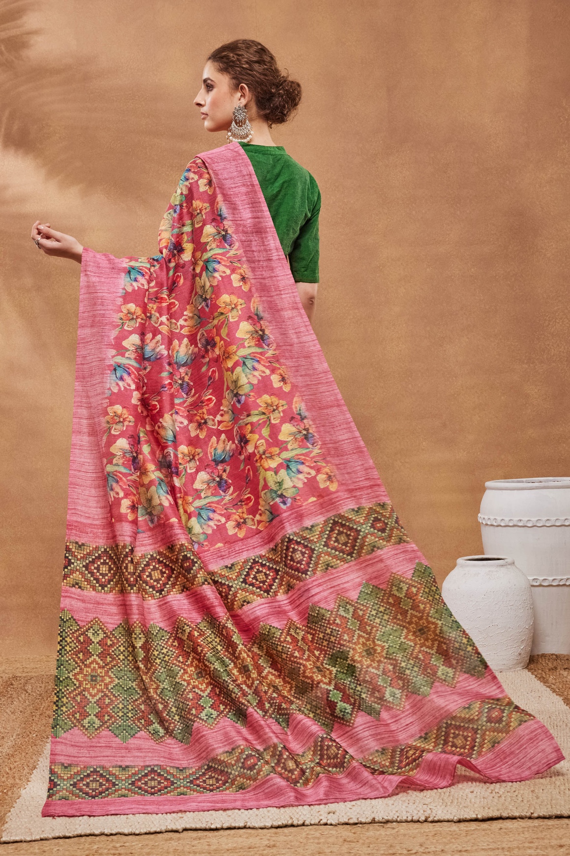 Pink Floral Border Silk Blend Saree — alternate view