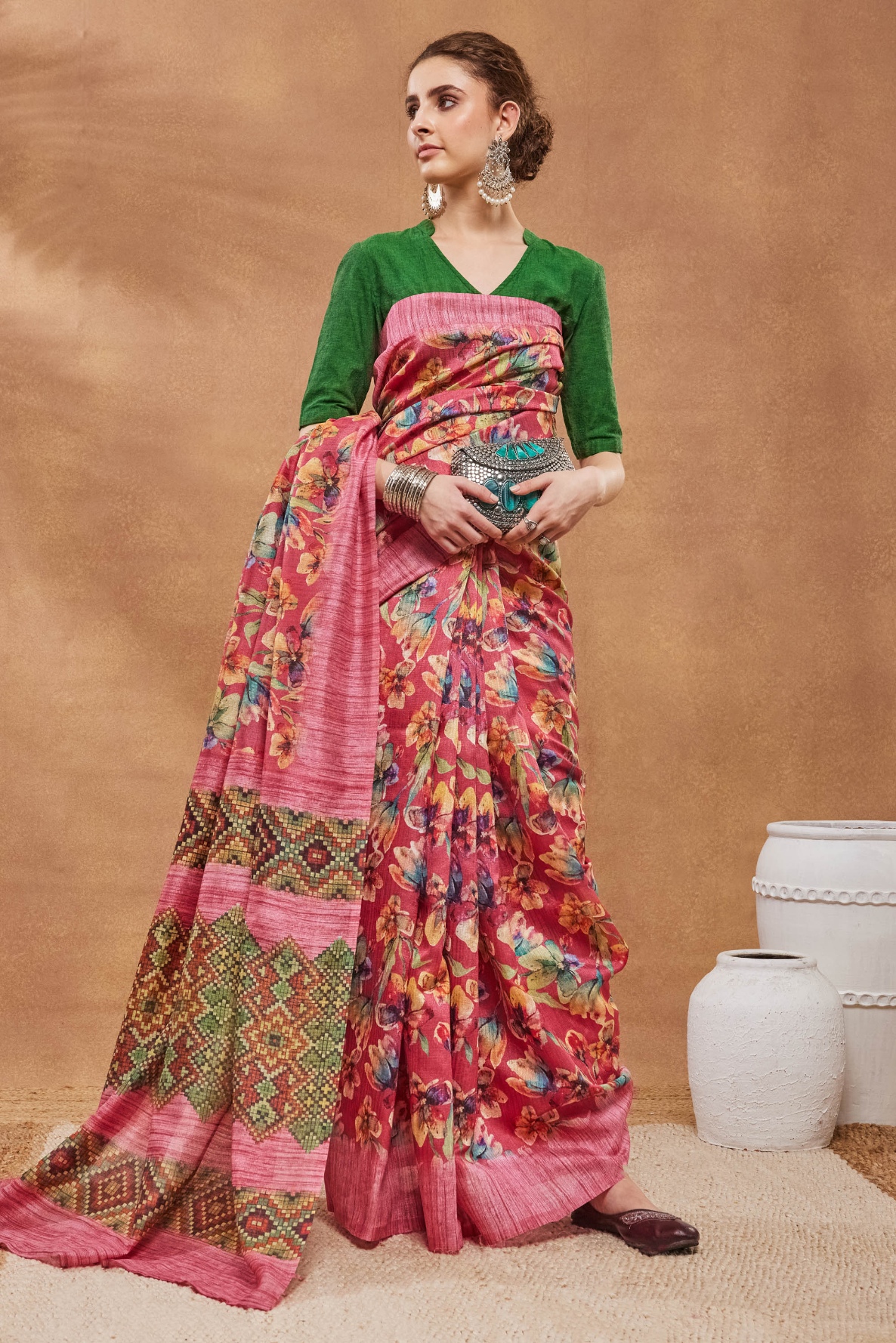 Pink Floral Border Silk Blend Saree