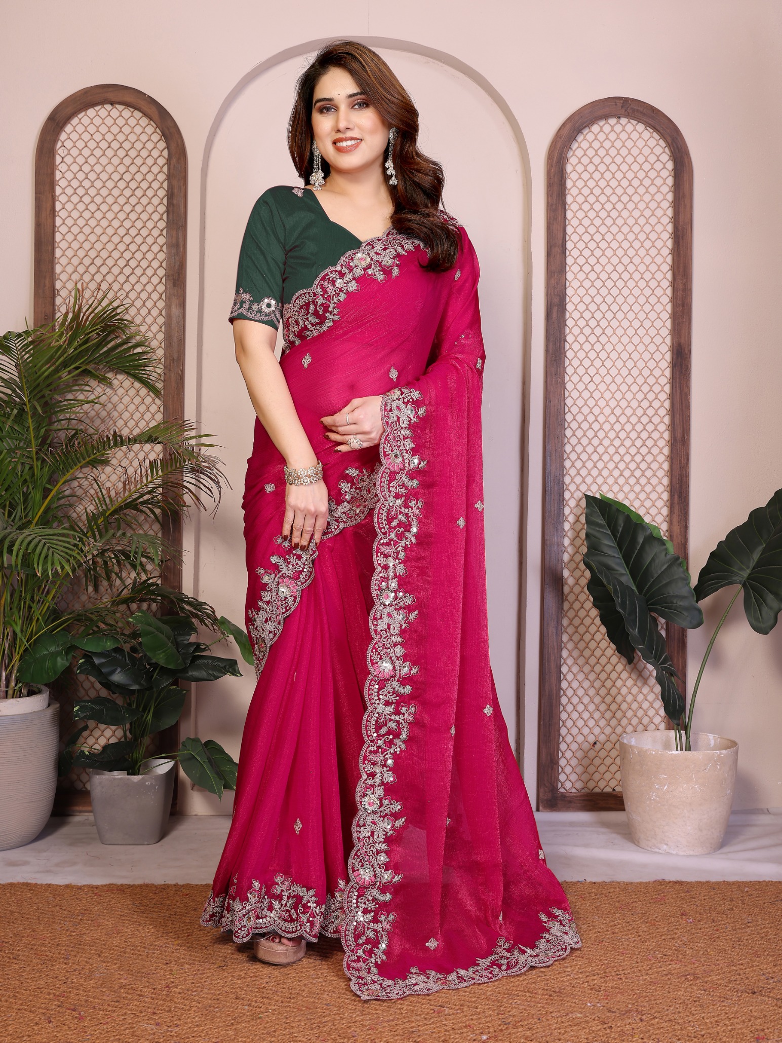 Pink Floral Butti Embroidered Fendy Chiffon Saree