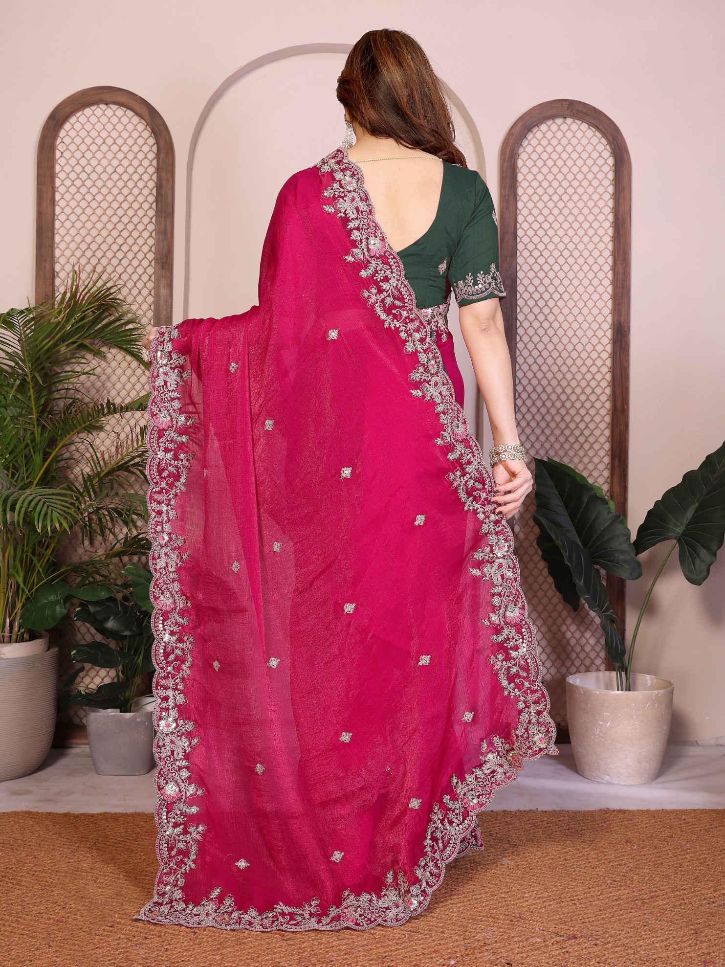 Pink Floral Butti Embroidered Fendy Chiffon Saree — alternate view