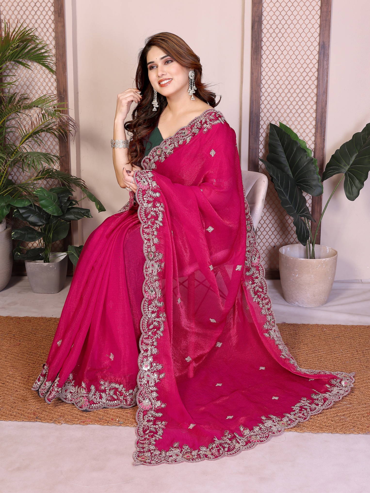 Pink Floral Butti Embroidered Fendy Chiffon Saree