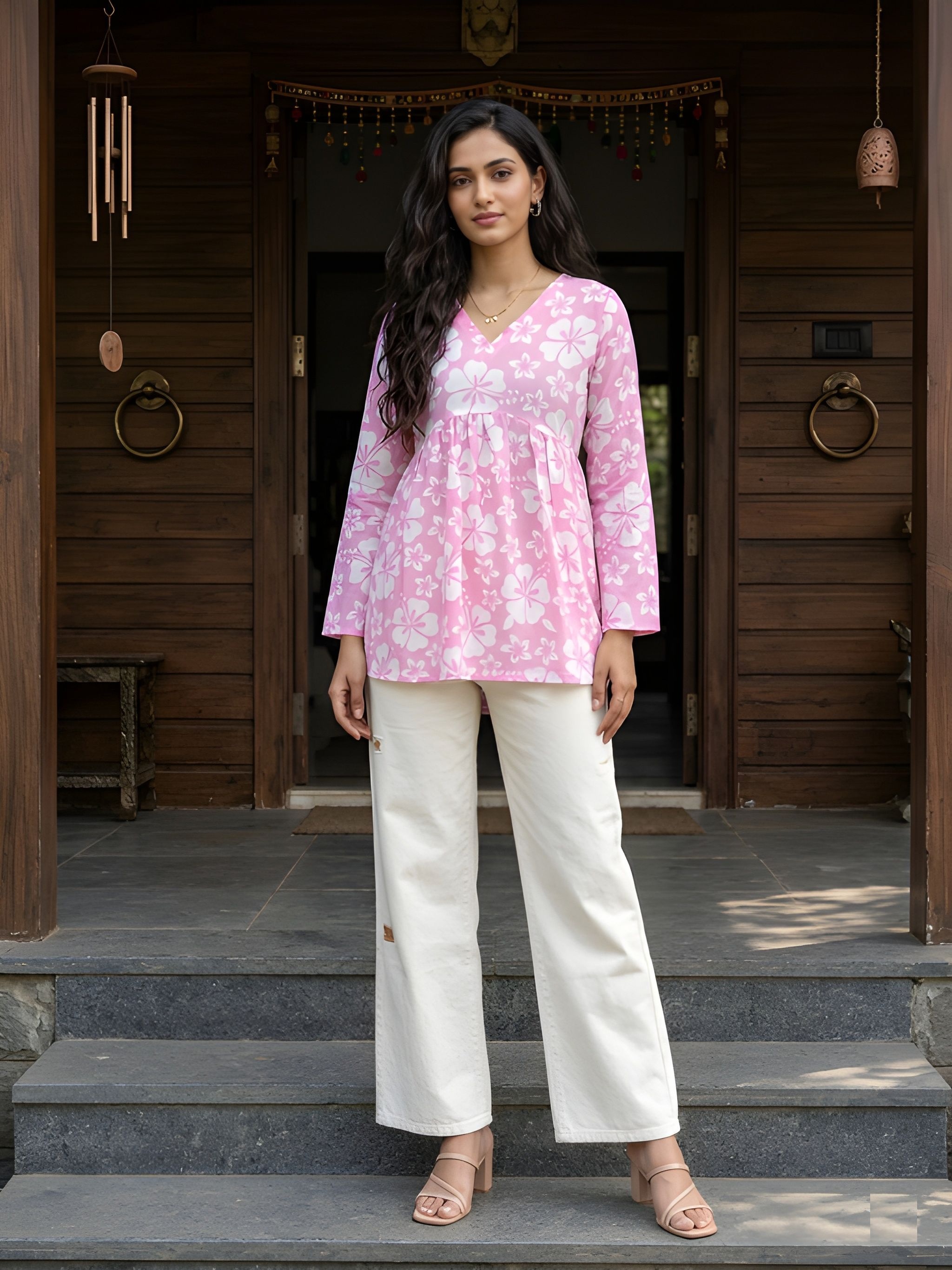 Pink Floral Cotton Empire Kurti