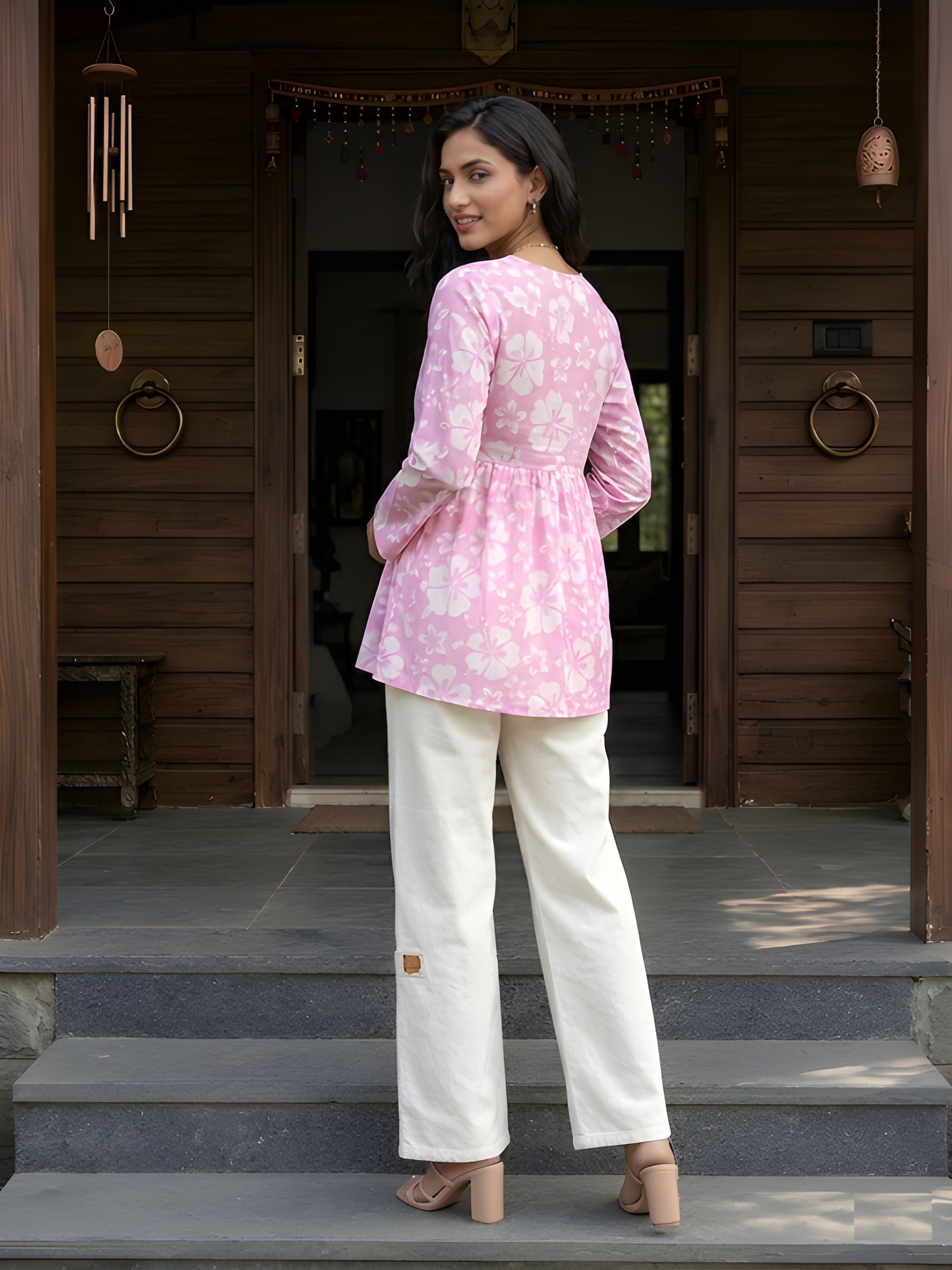 Pink Floral Cotton Empire Kurti — alternate view