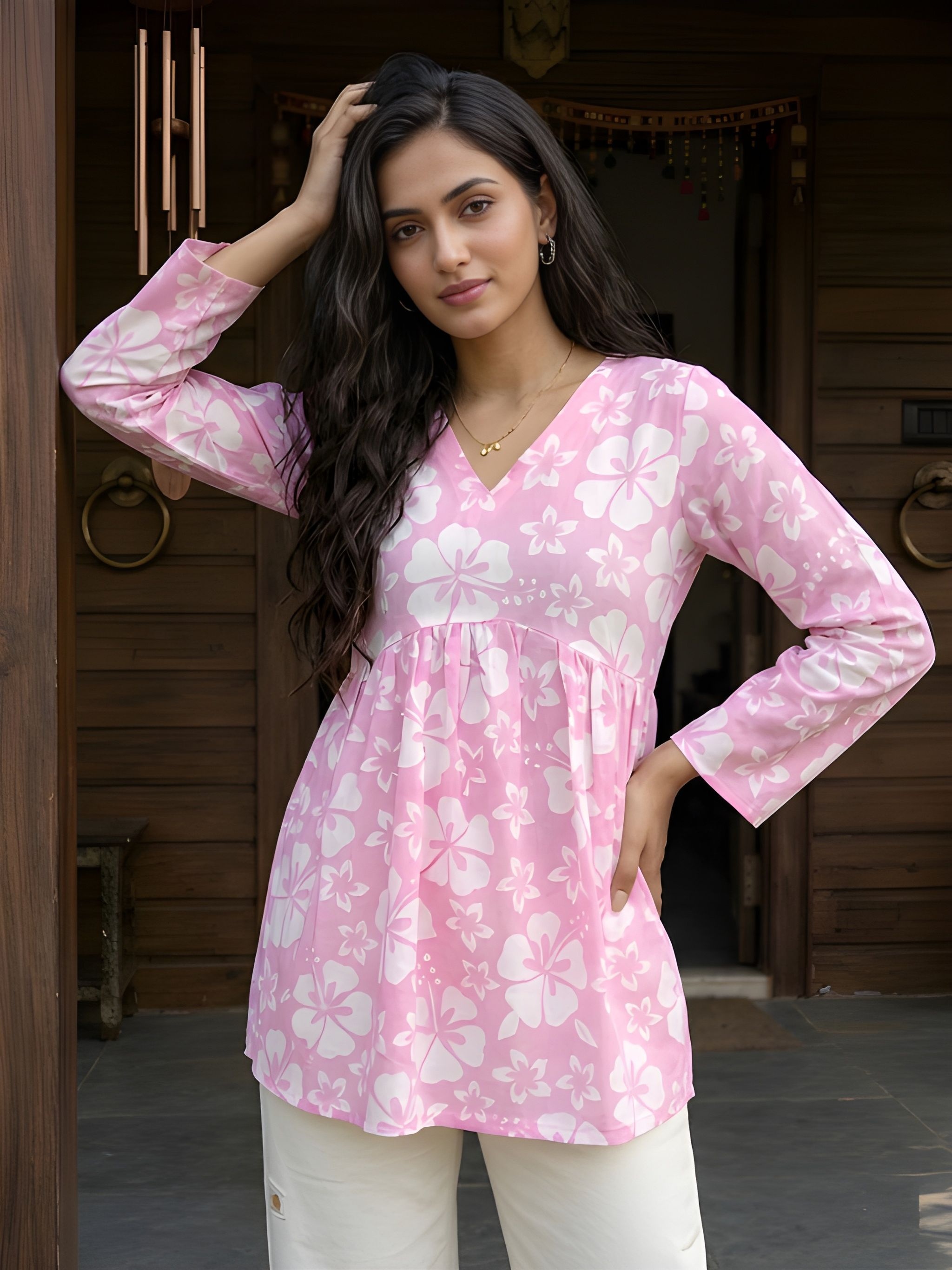 Pink Floral Cotton Empire Kurti