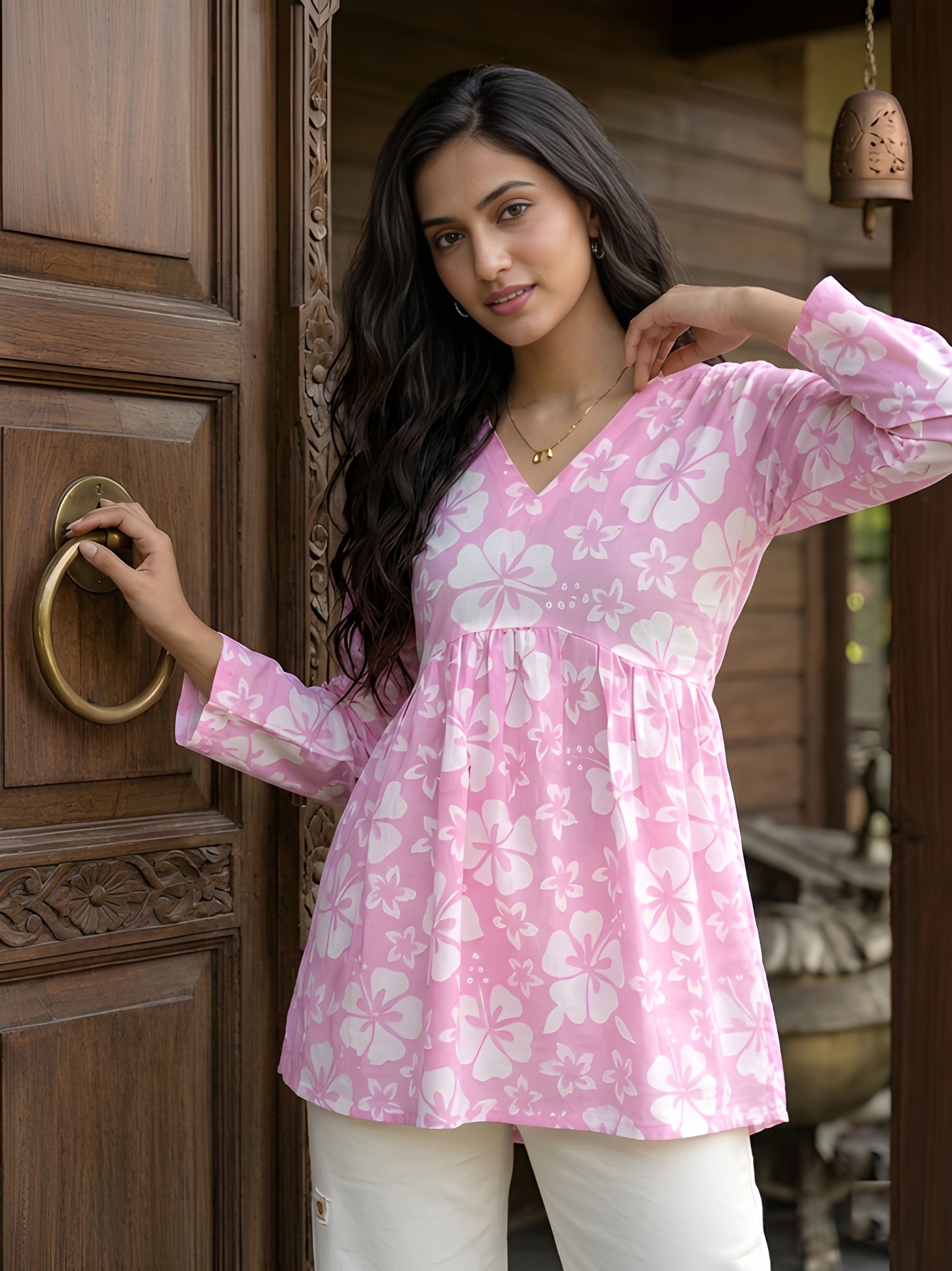 Pink Floral Cotton Empire Kurti