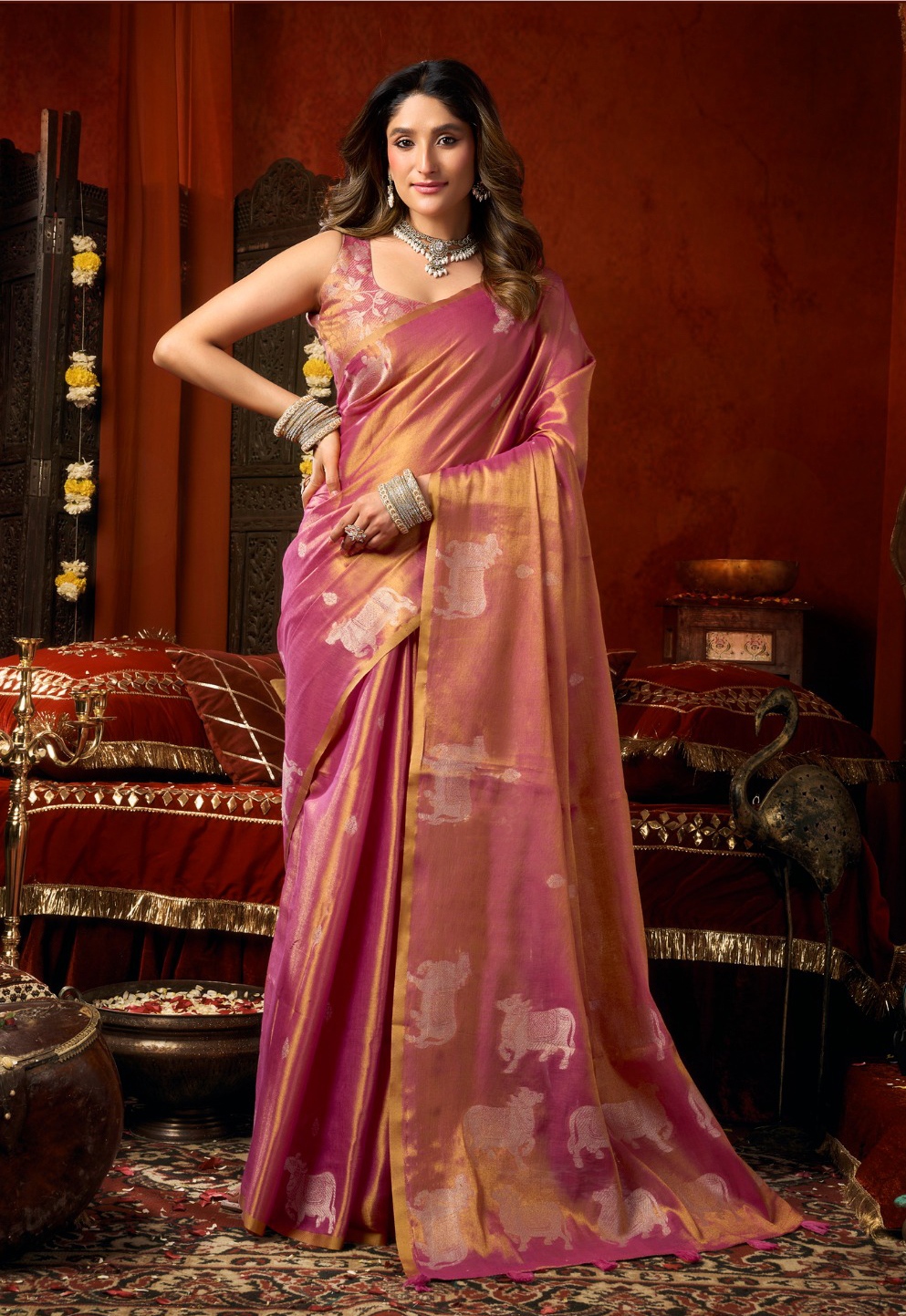 Pink Floral Cow Butta Heavy Tissue Silk Saree