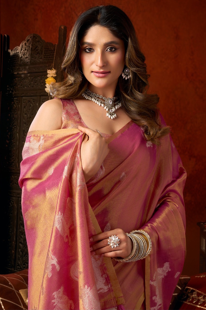 Pink Floral Cow Butta Heavy Tissue Silk Saree — alternate view