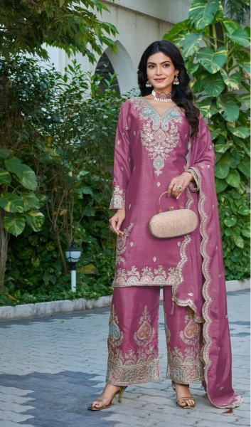 Pink Floral Designer Chinon Palazzo Suit