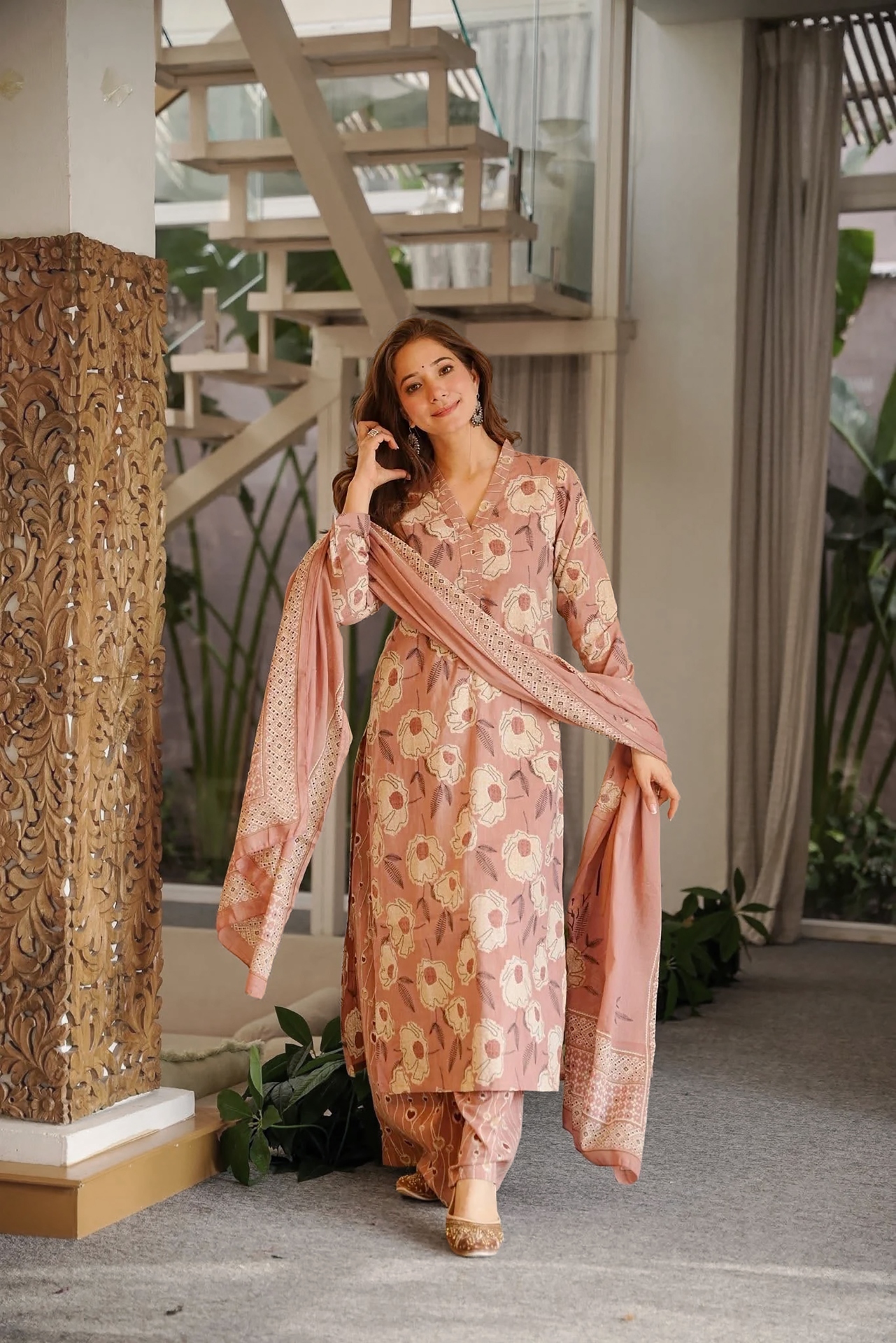 Pink Floral Designer Digital Printed Cambric Cotton Kurta Set