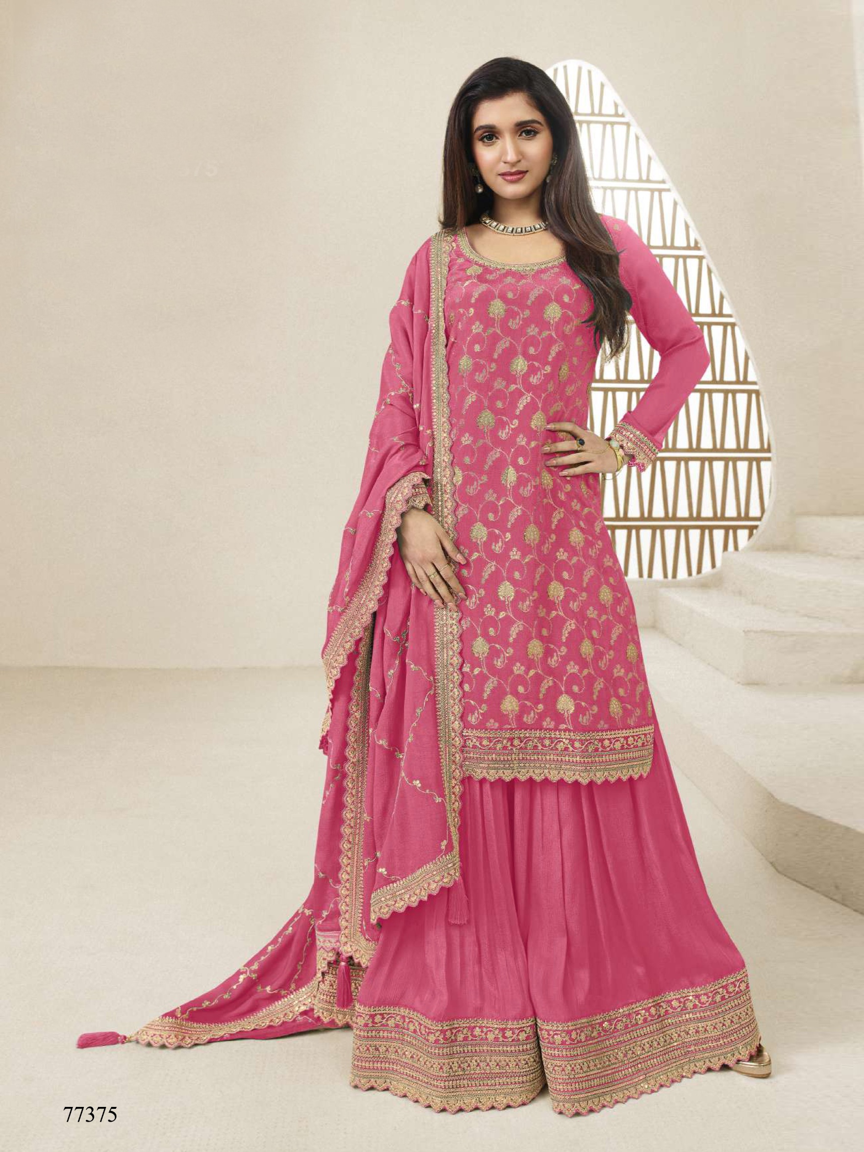 Pink Floral Designer Embroidery Chinon Palazzo Suit