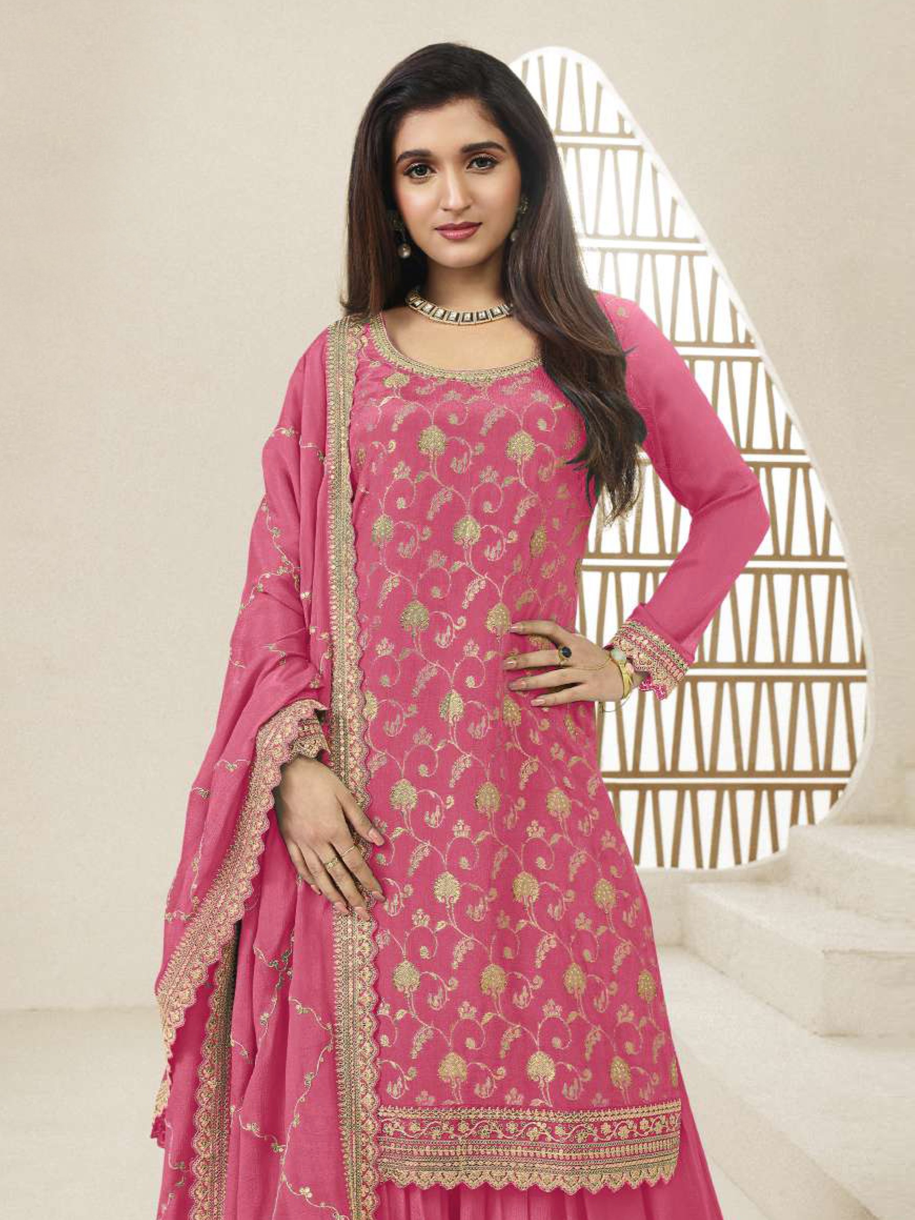 Pink Floral Designer Embroidery Chinon Palazzo Suit — alternate view