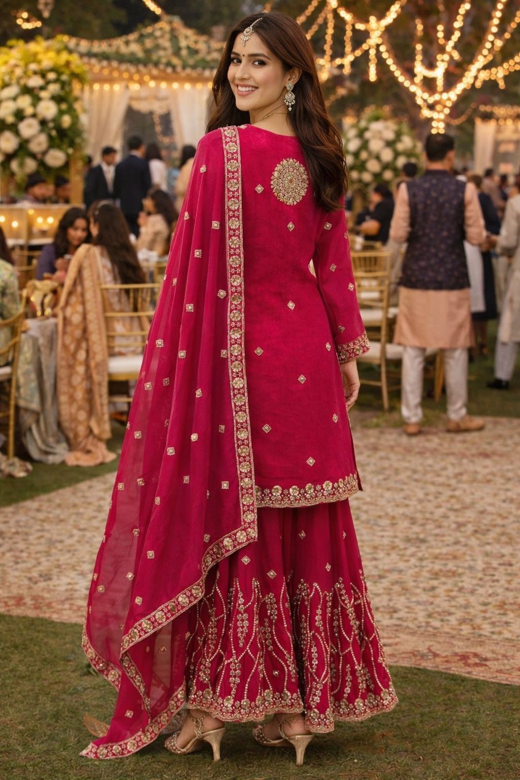 Pink Floral Designer Embroidery Fendy Silk Sharara Suit — alternate view