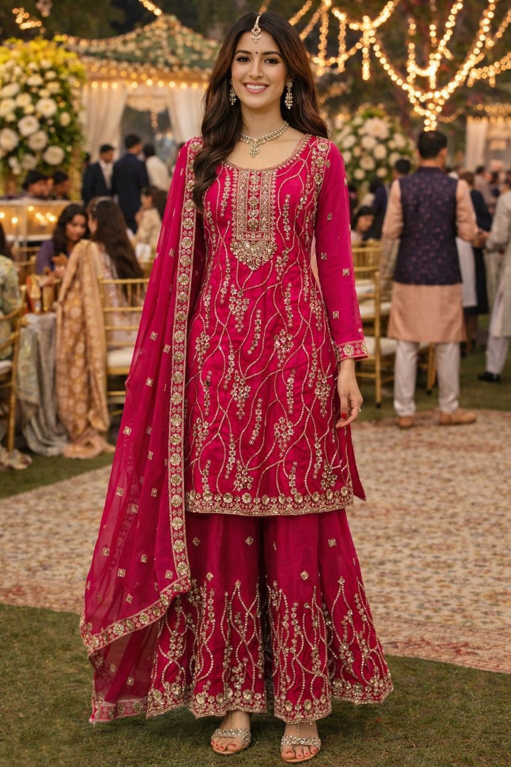 Pink Floral Designer Embroidery Fendy Silk Sharara Suit