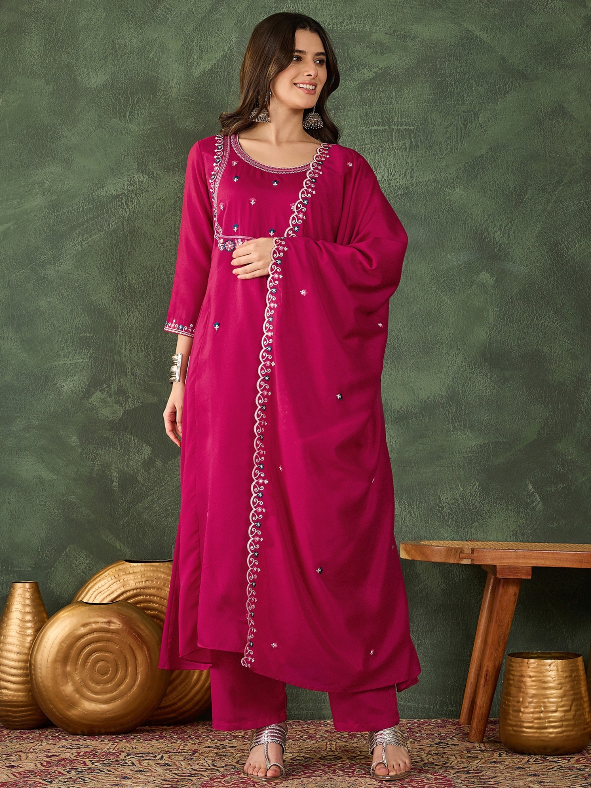 Pink Floral Designer Embroidery Vichitra Straight Suit