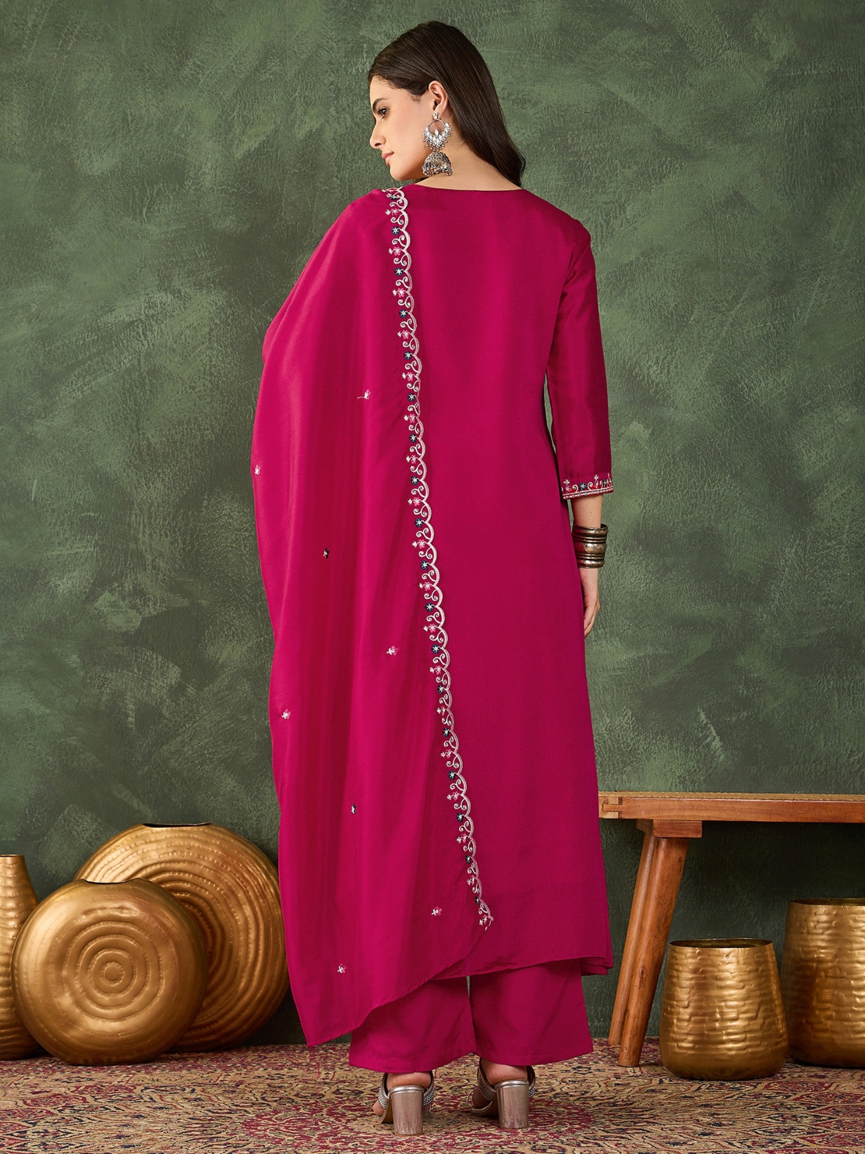 Pink Floral Designer Embroidery Vichitra Straight Suit — alternate view