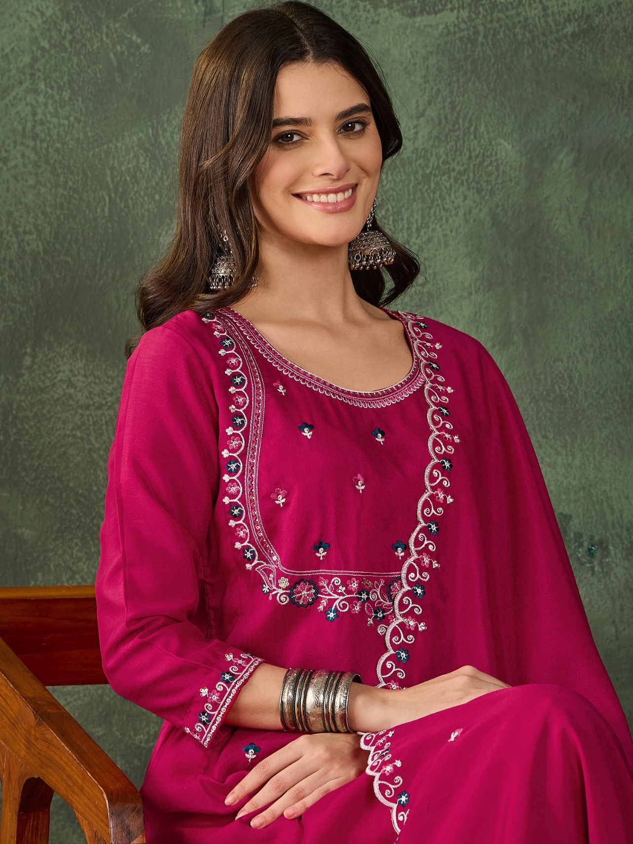 Pink Floral Designer Embroidery Vichitra Straight Suit