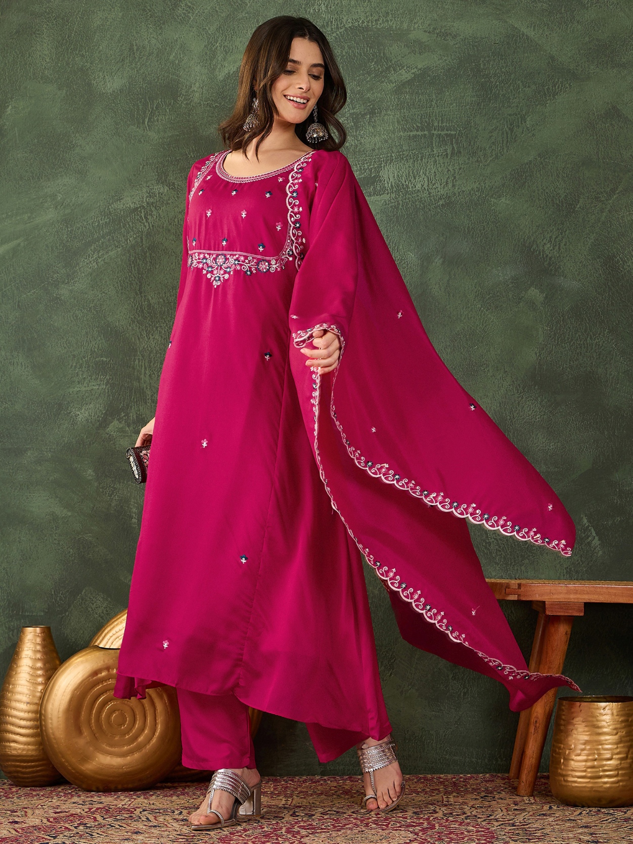 Pink Floral Designer Embroidery Vichitra Straight Suit