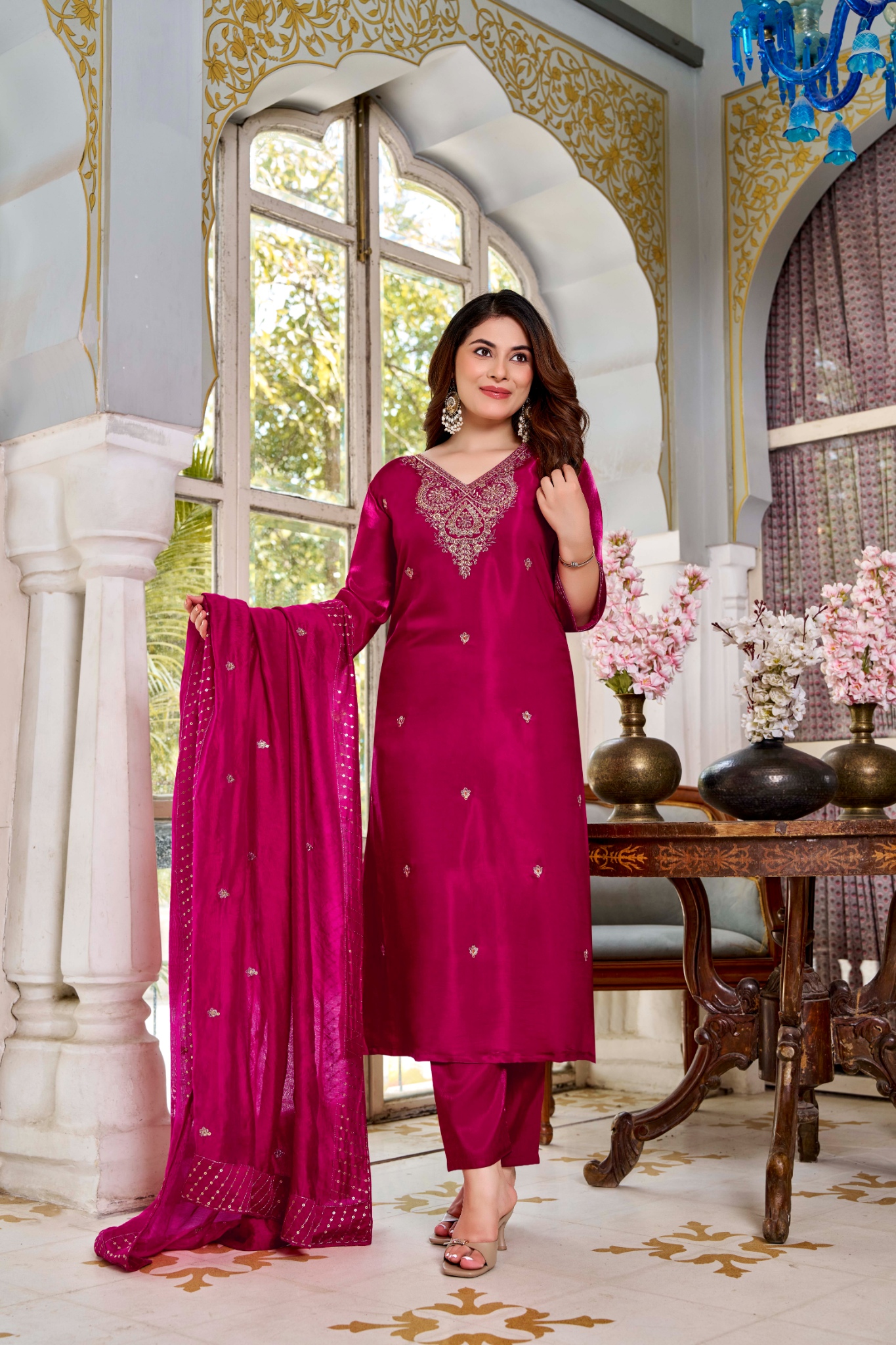 Pink Floral Designer Embroidery Viscose Glass Straight Suit