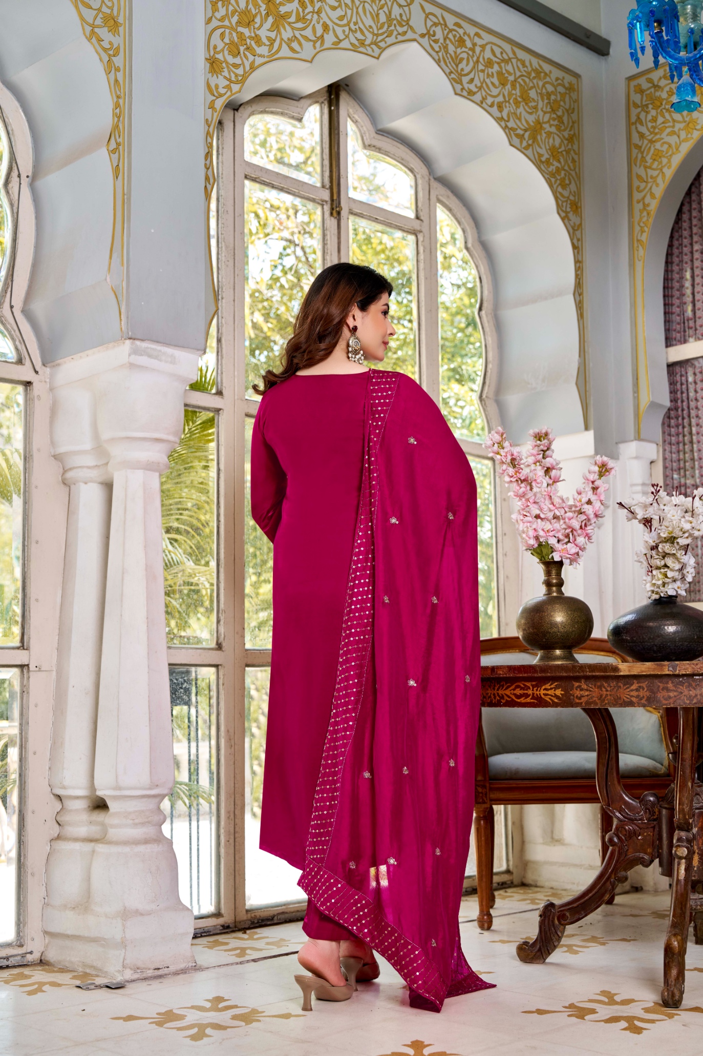 Pink Floral Designer Embroidery Viscose Glass Straight Suit — alternate view