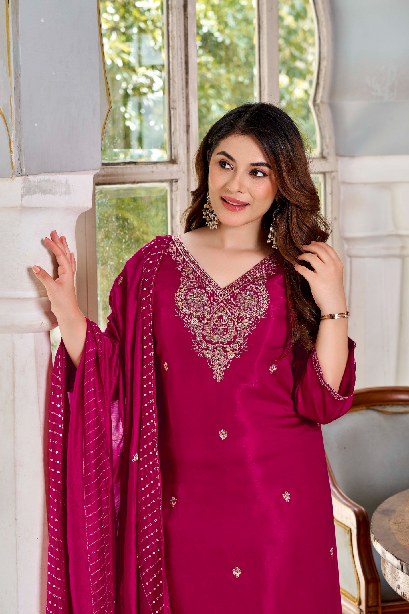 Pink Floral Designer Embroidery Viscose Glass Straight Suit