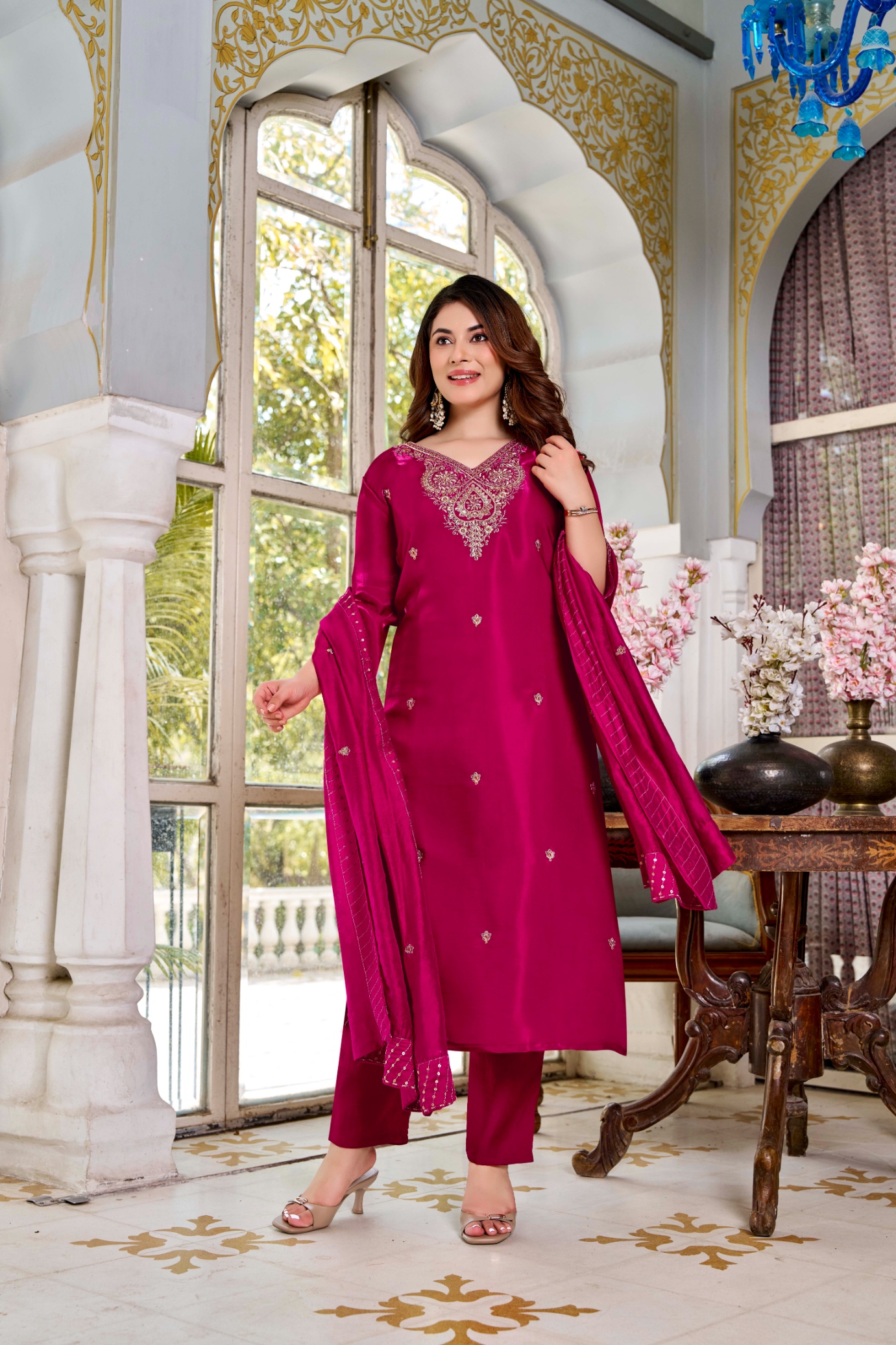 Pink Floral Designer Embroidery Viscose Glass Straight Suit