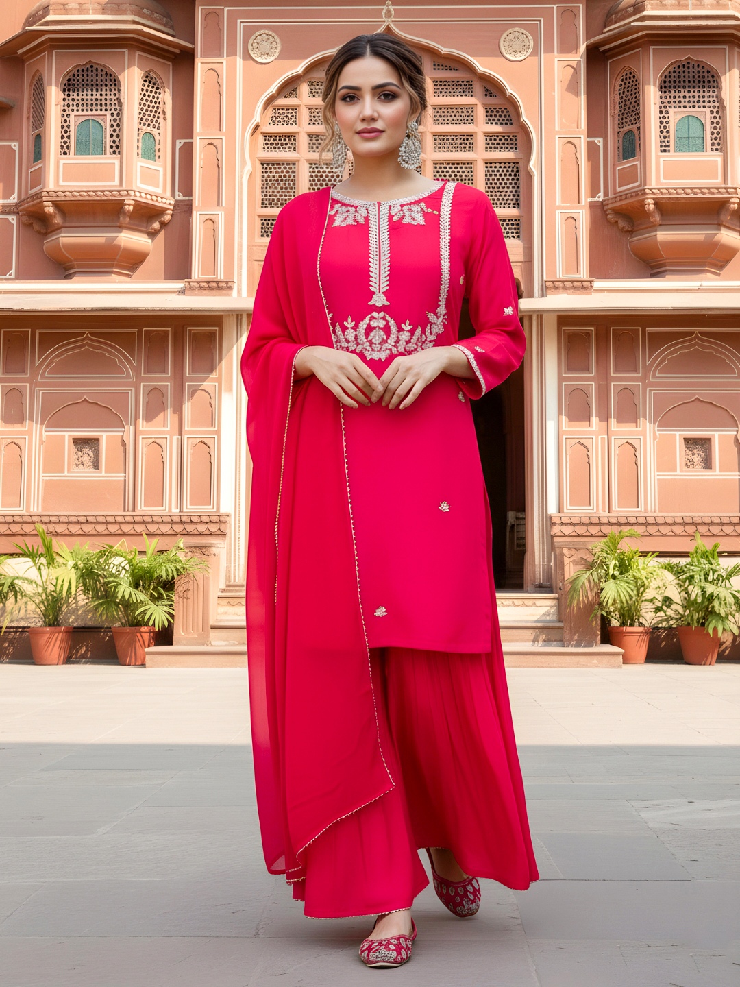 Pink Floral Designer Embroidery Viscose Silk Palazzo Suit