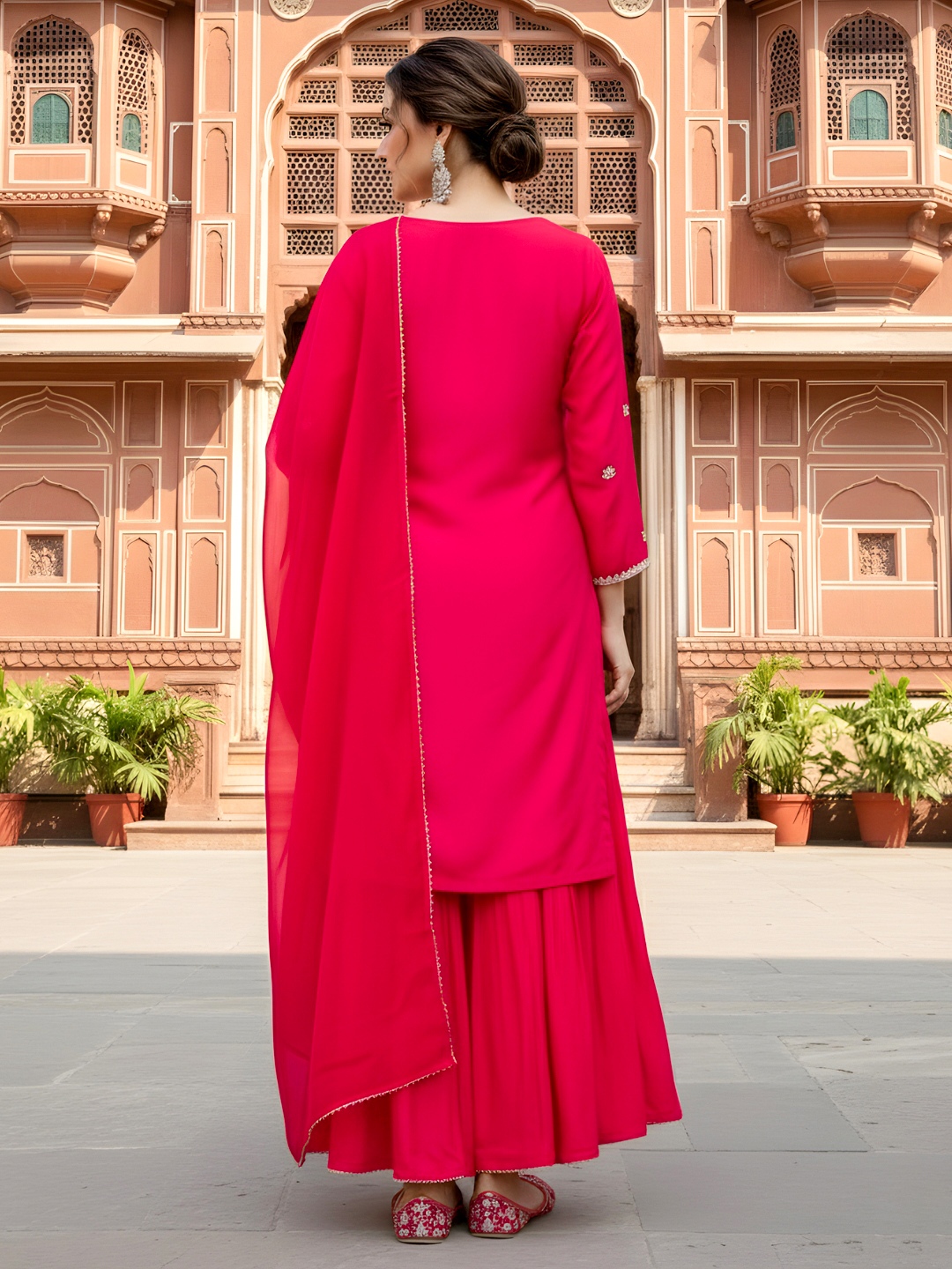 Pink Floral Designer Embroidery Viscose Silk Palazzo Suit — alternate view