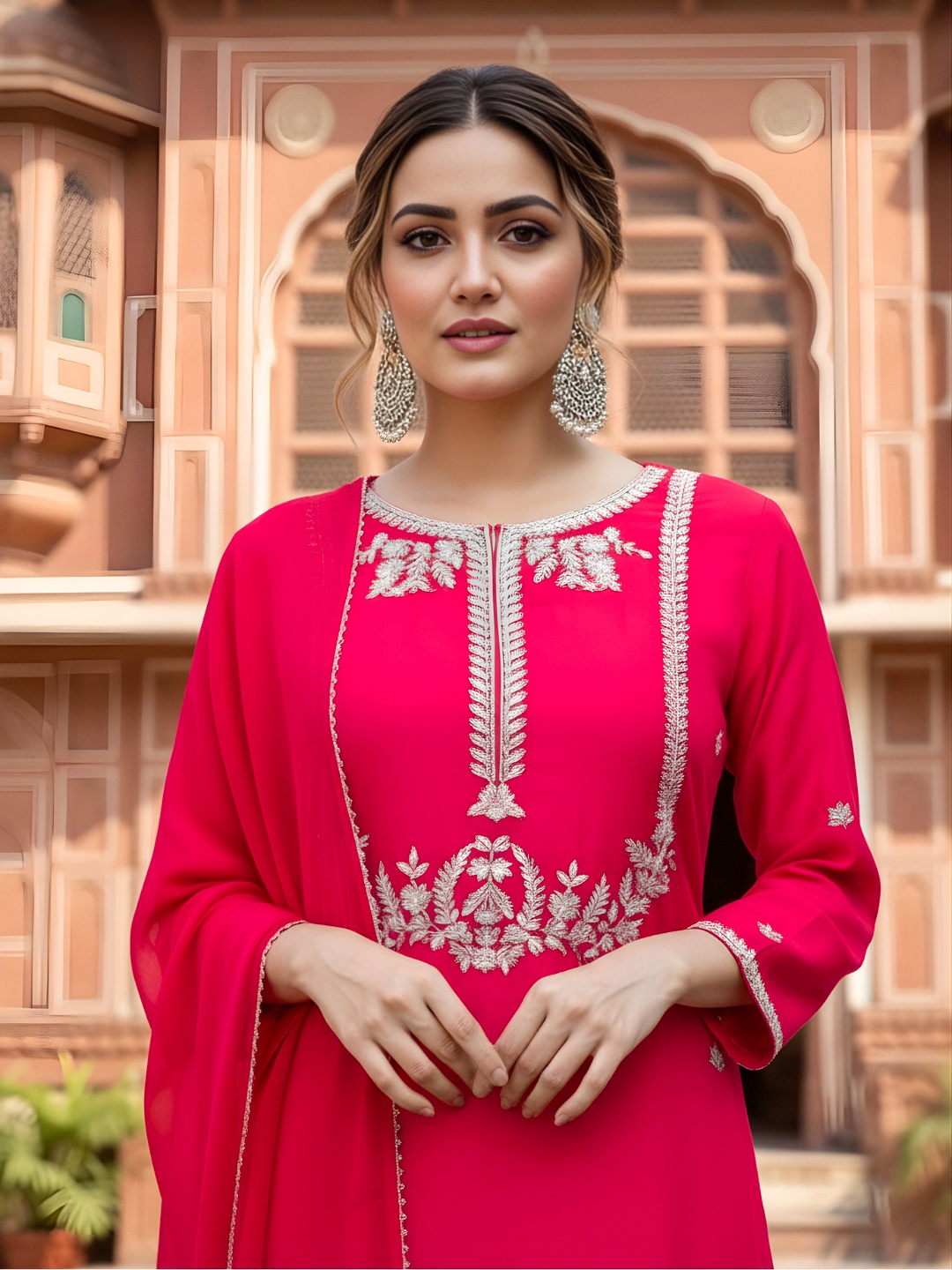 Pink Floral Designer Embroidery Viscose Silk Palazzo Suit
