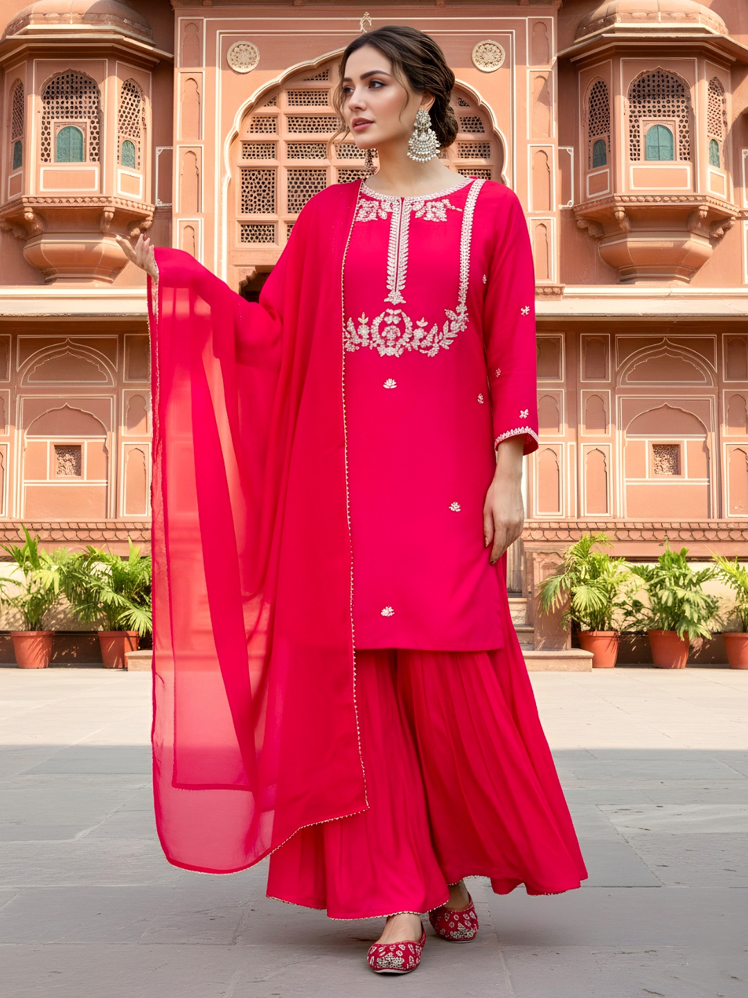 Pink Floral Designer Embroidery Viscose Silk Palazzo Suit