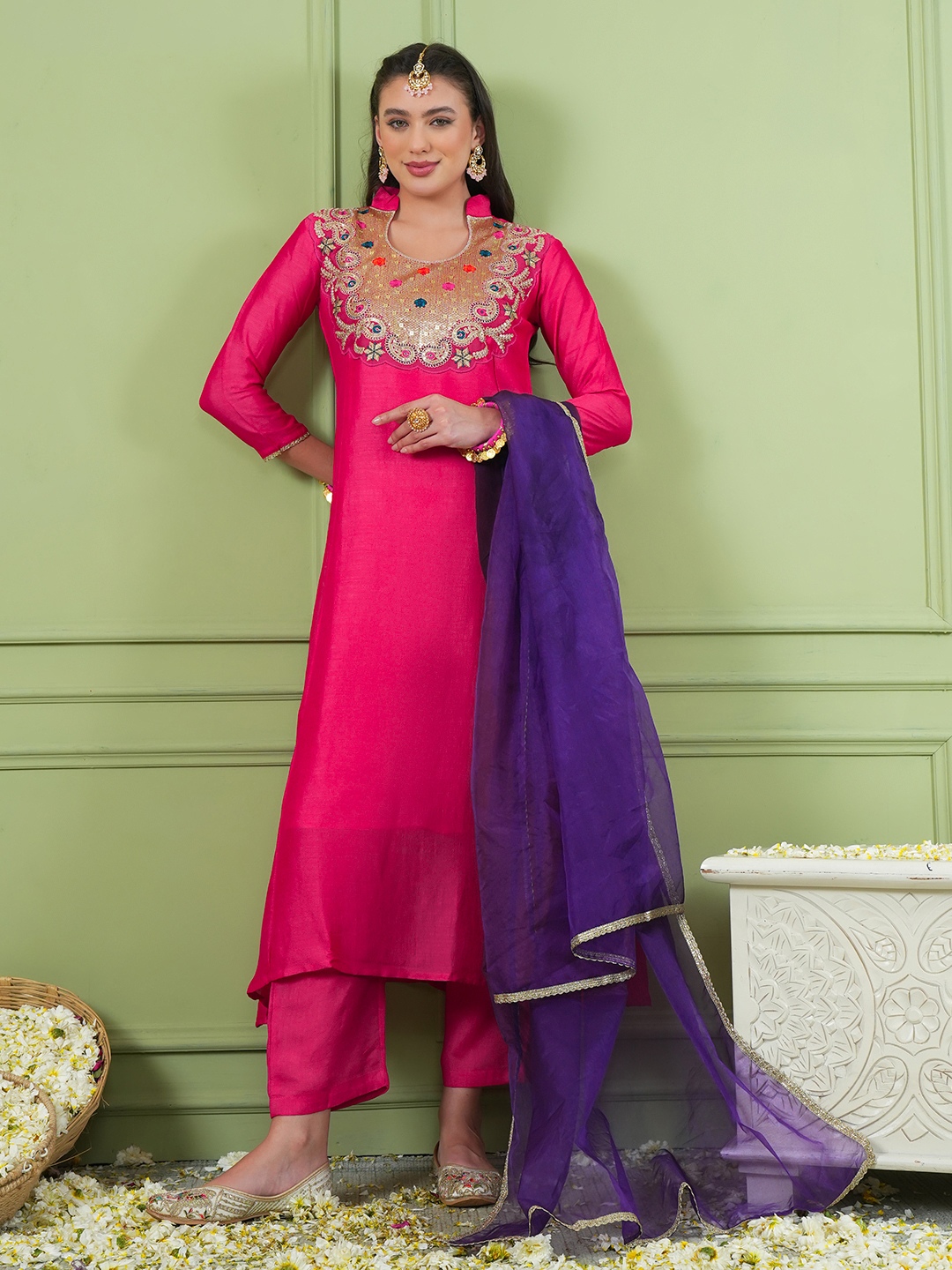 Pink Floral Designer Embroidery Viscose Silk Straight Suit