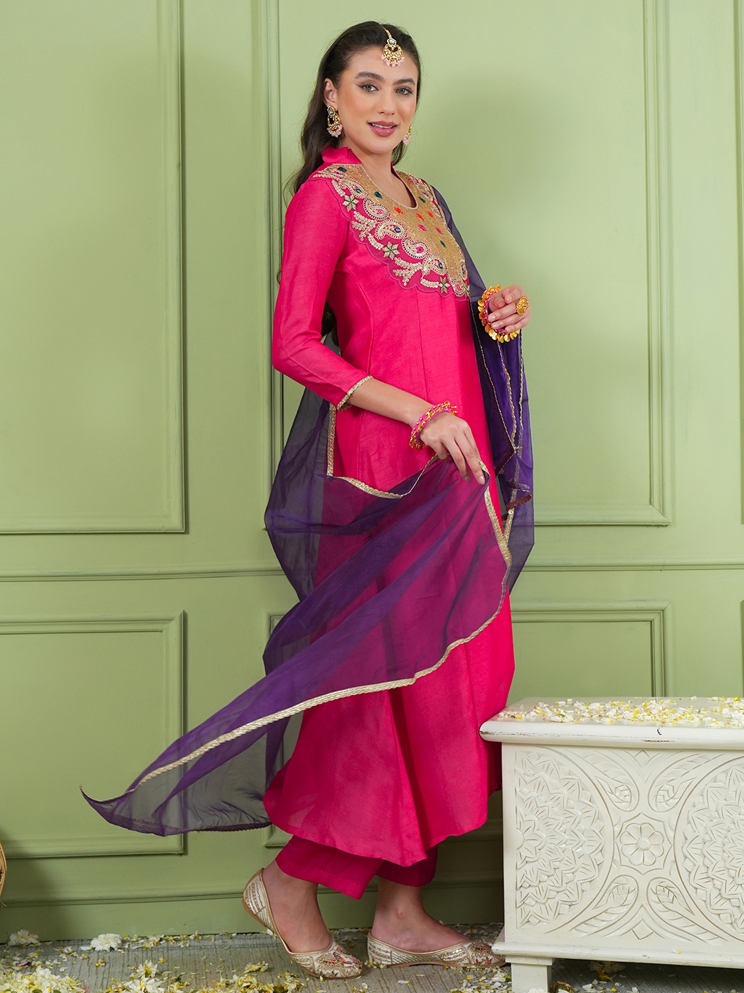 Pink Floral Designer Embroidery Viscose Silk Straight Suit