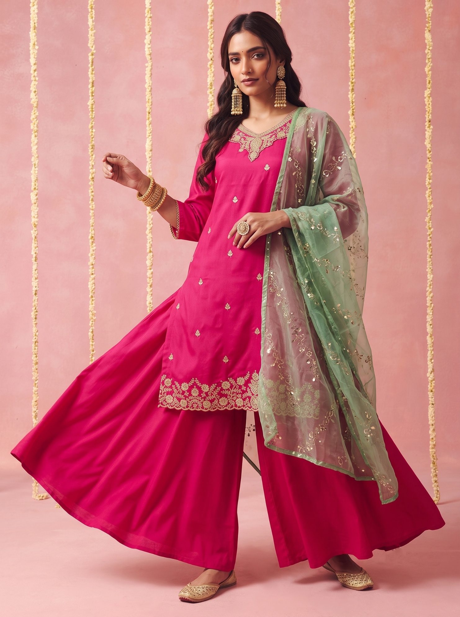 Pink Floral Designer Embroidery Work Viscose Sharara Suit