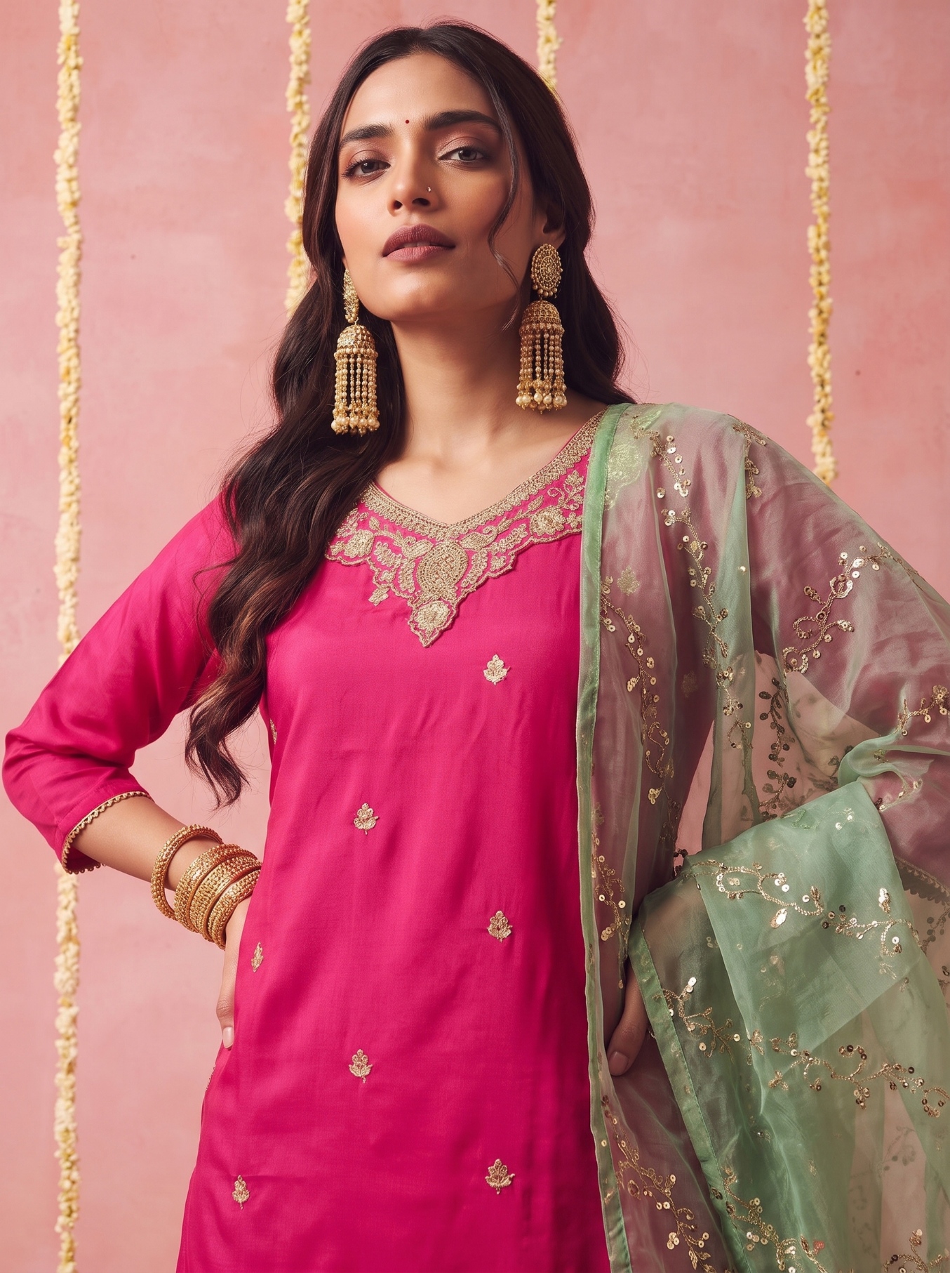 Pink Floral Designer Embroidery Work Viscose Sharara Suit