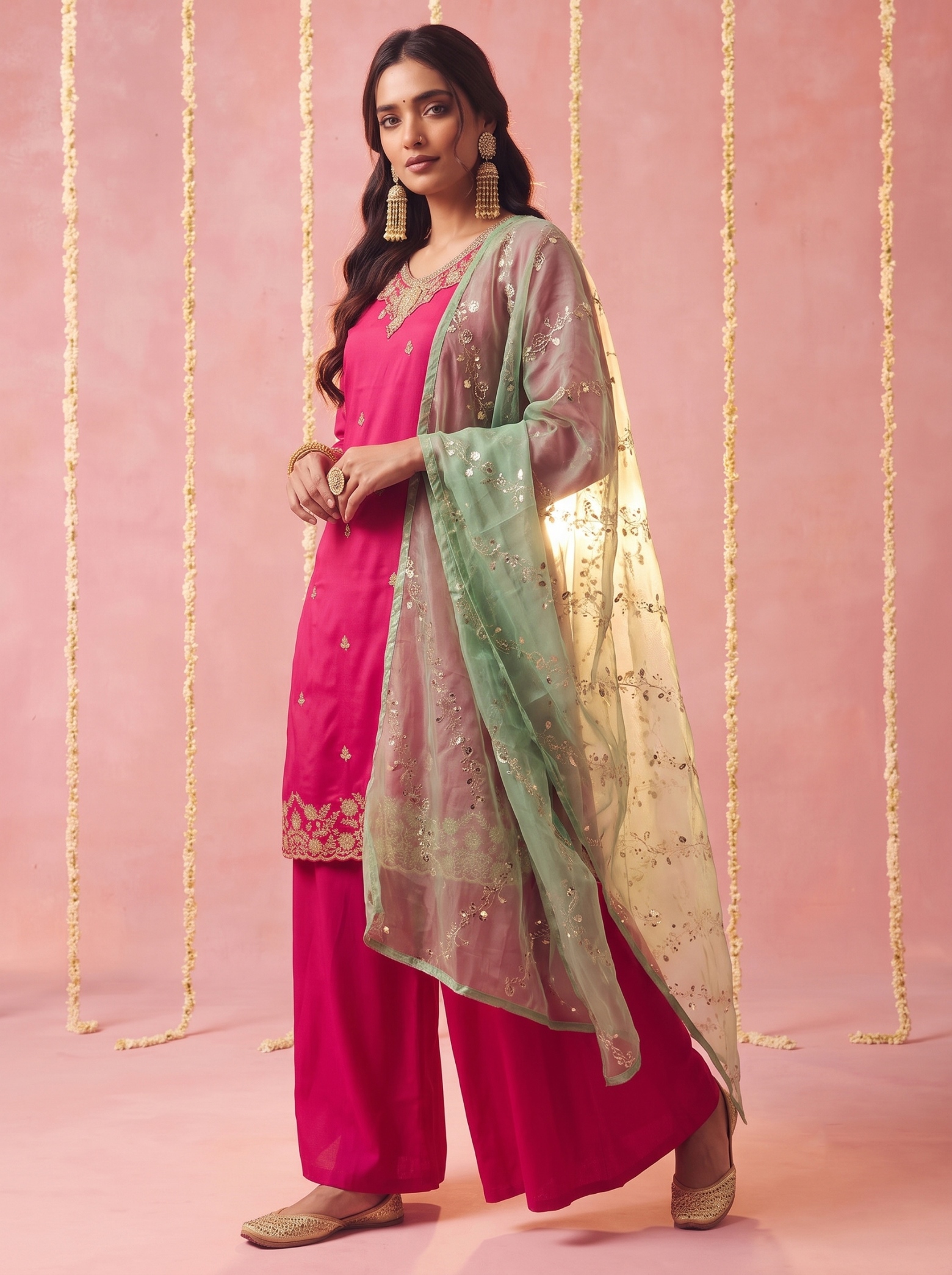 Pink Floral Designer Embroidery Work Viscose Sharara Suit