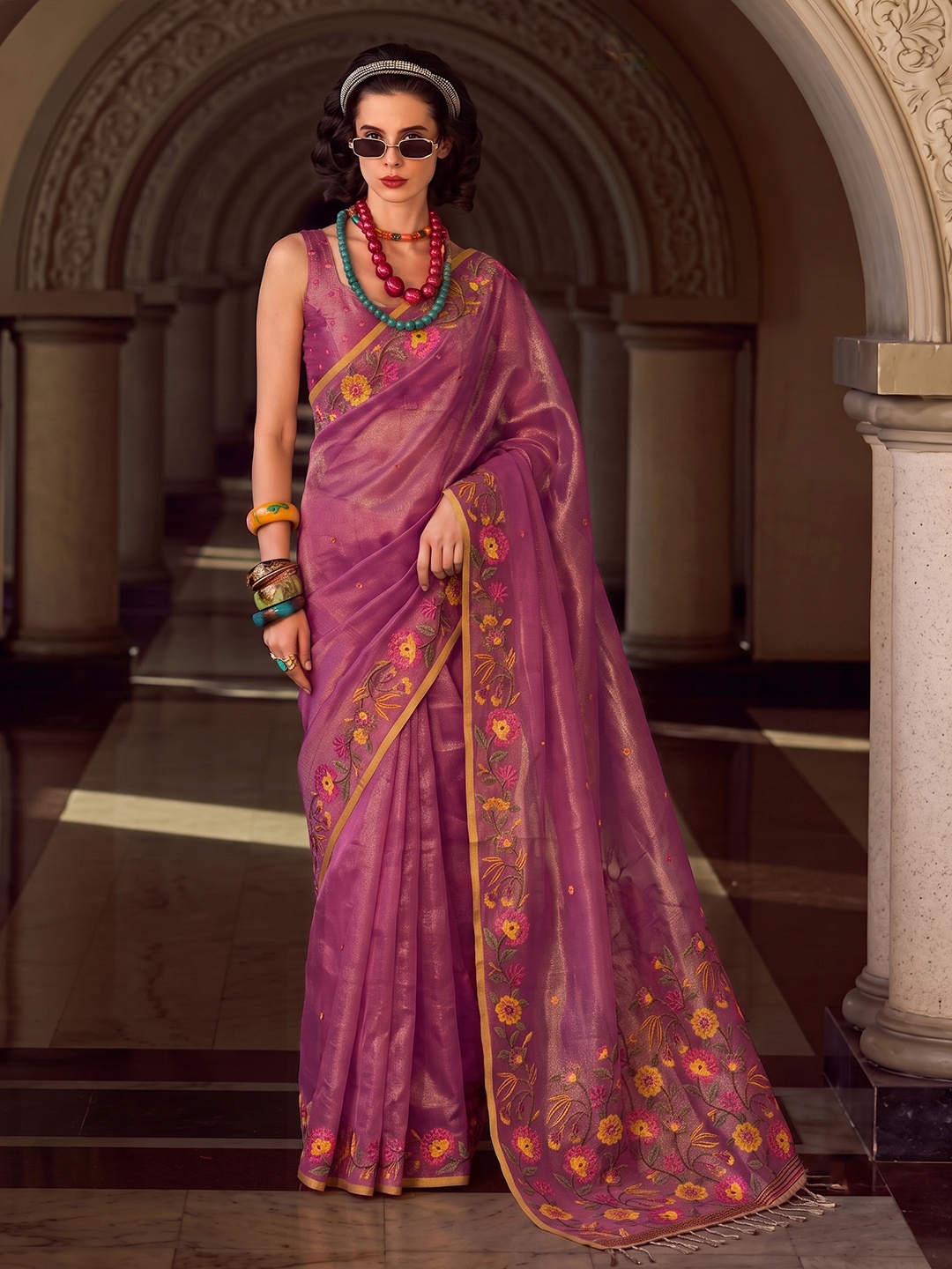Pink Floral Designer Multithread Embroidery Tissue Silk Saree