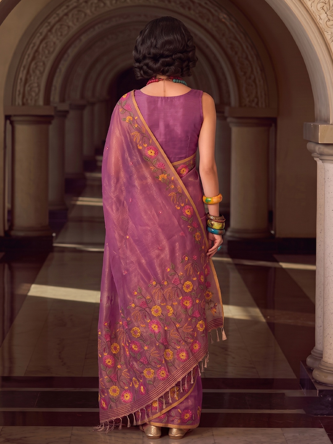 Pink Floral Designer Multithread Embroidery Tissue Silk Saree — alternate view