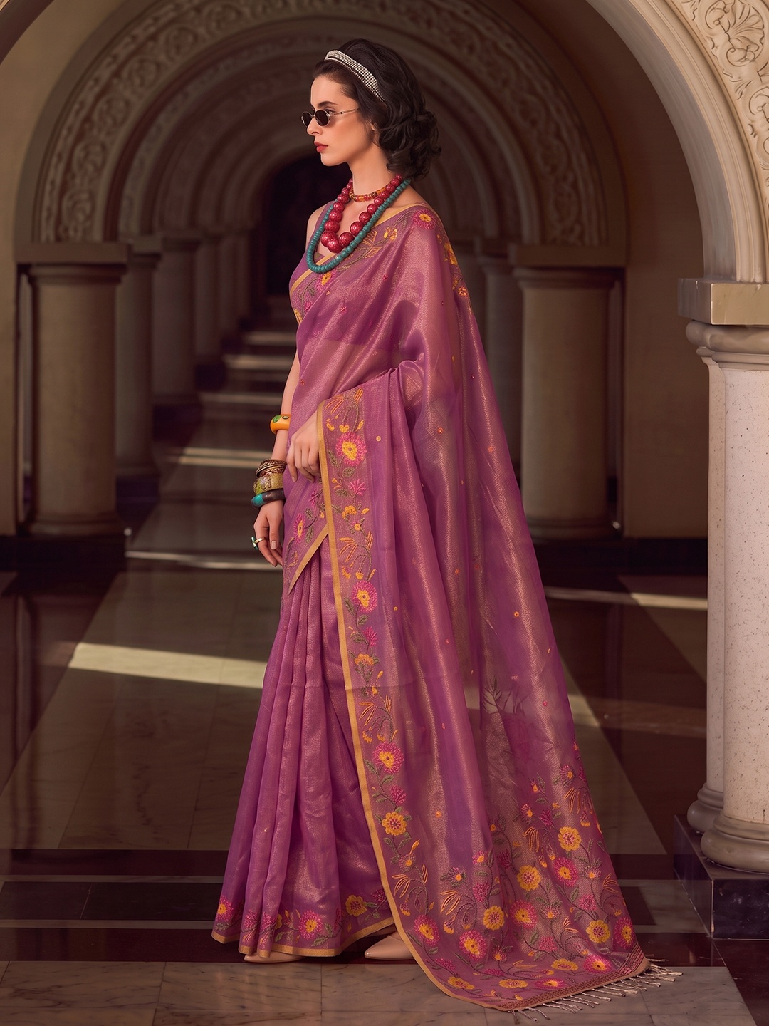 Pink Floral Designer Multithread Embroidery Tissue Silk Saree