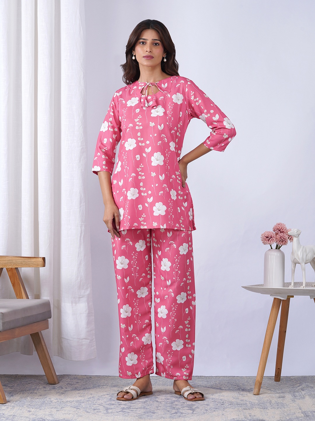 Pink Floral Designer Printed Rayon Blend Co-Ord Set