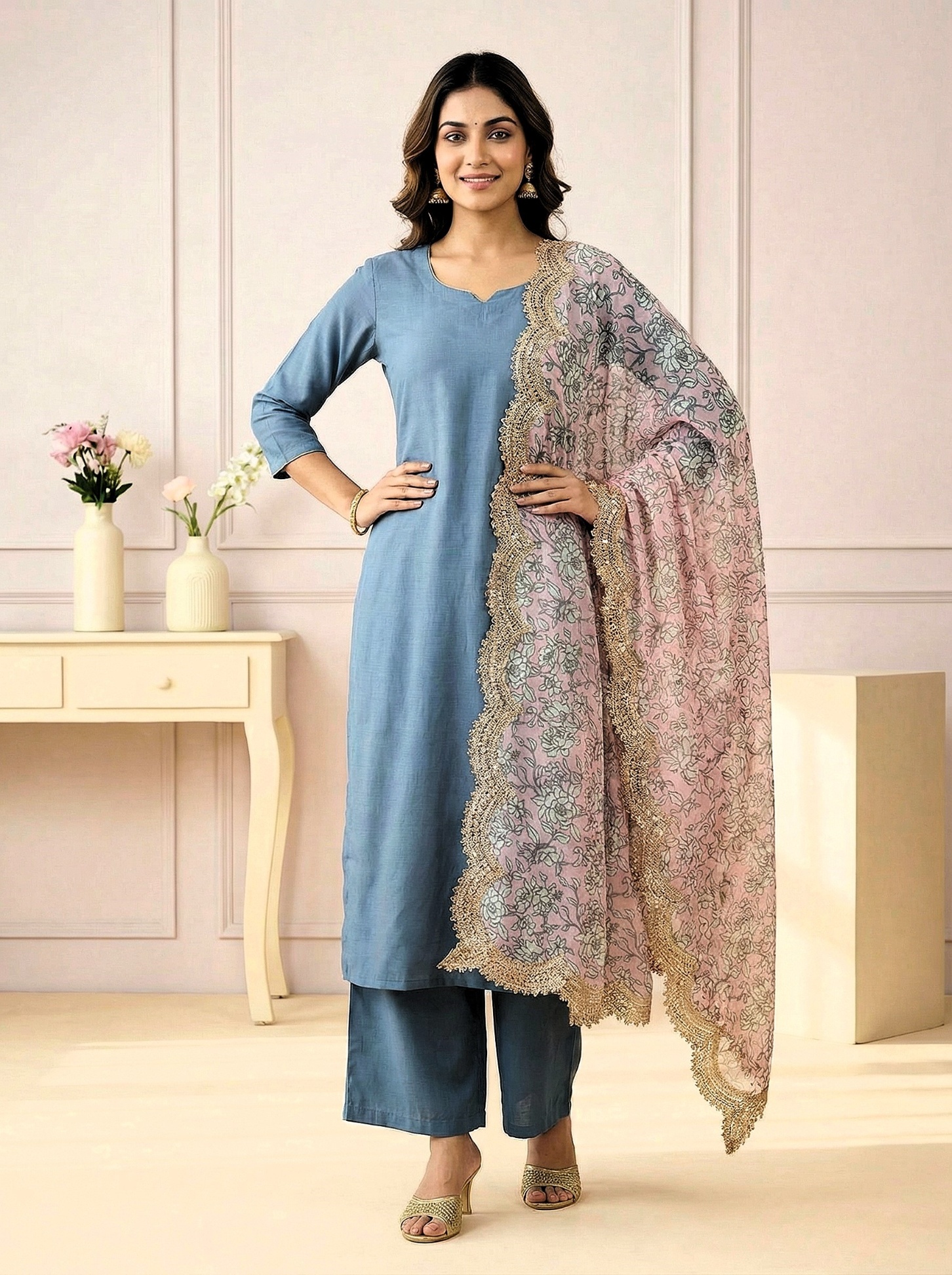 Pink Floral Digital Print Jimmy Choo Dupatta